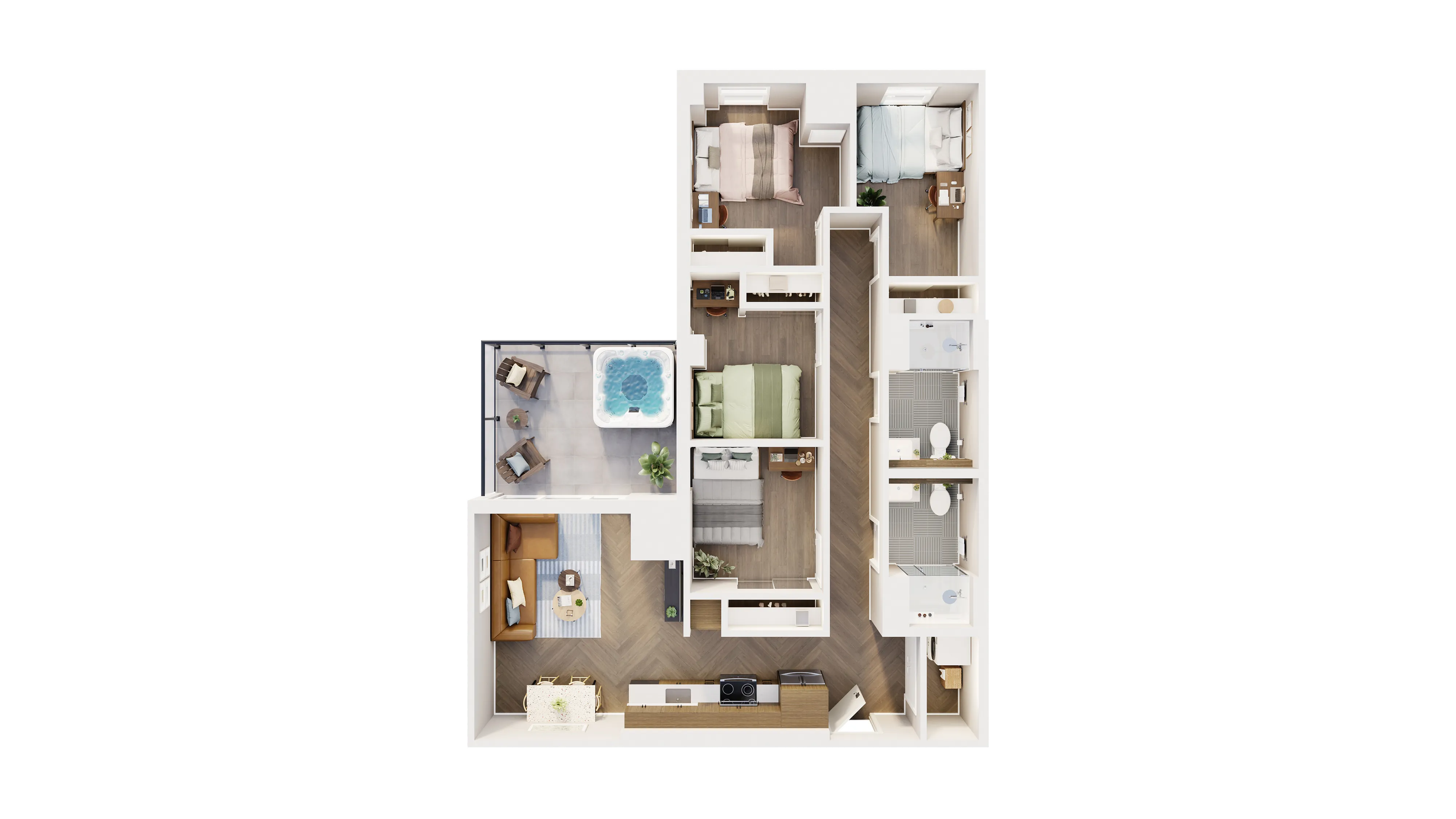 Modern floor plan showcasing three bedrooms, two stylish bathrooms, an open-concept living area with a cozy couch, and a spacious outdoor terrace featuring a luxurious hot tub.