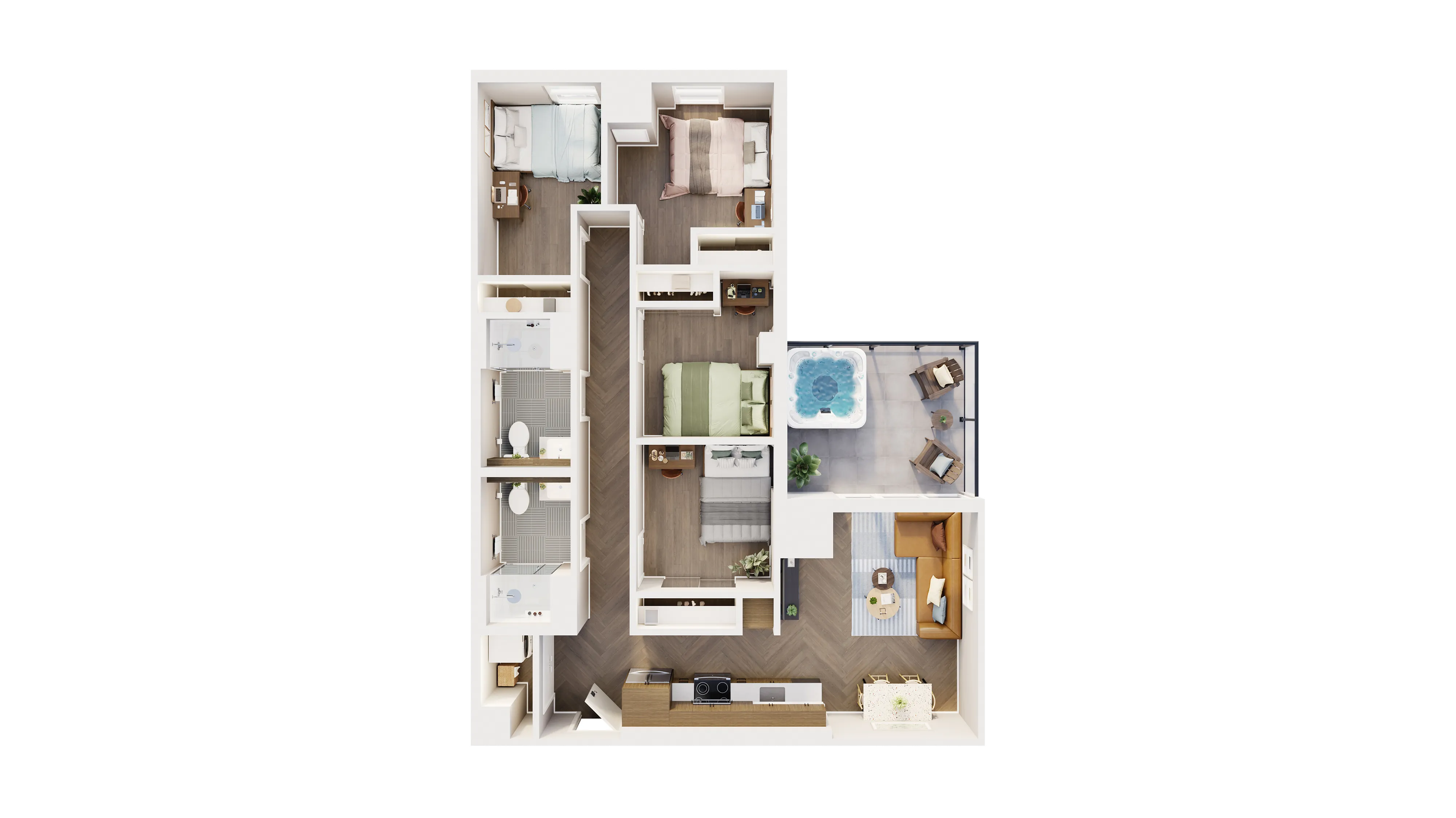 Contemporary floor plan showcasing 3 bedrooms, 2 bathrooms, elegant kitchen, inviting living area, and private balcony with a jacuzzi.