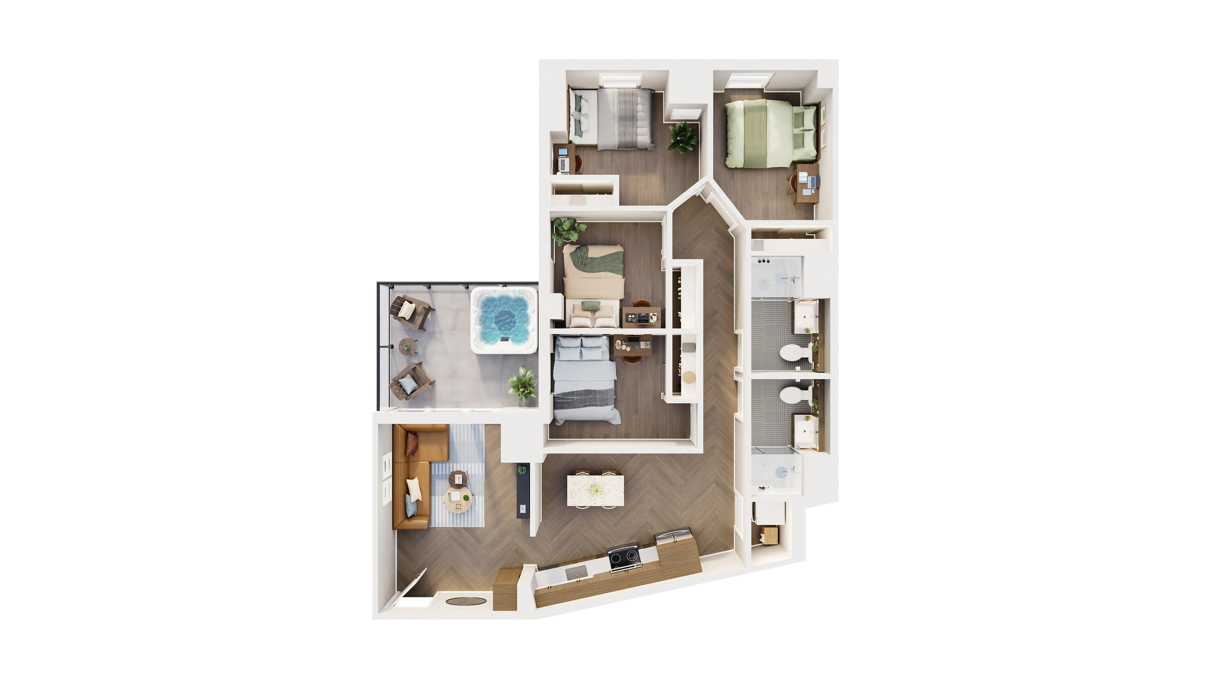 Modern 3D floor plan showcasing a luxurious 3-bedroom apartment with open-concept living area, spacious kitchen, and a private balcony featuring a hot tub.