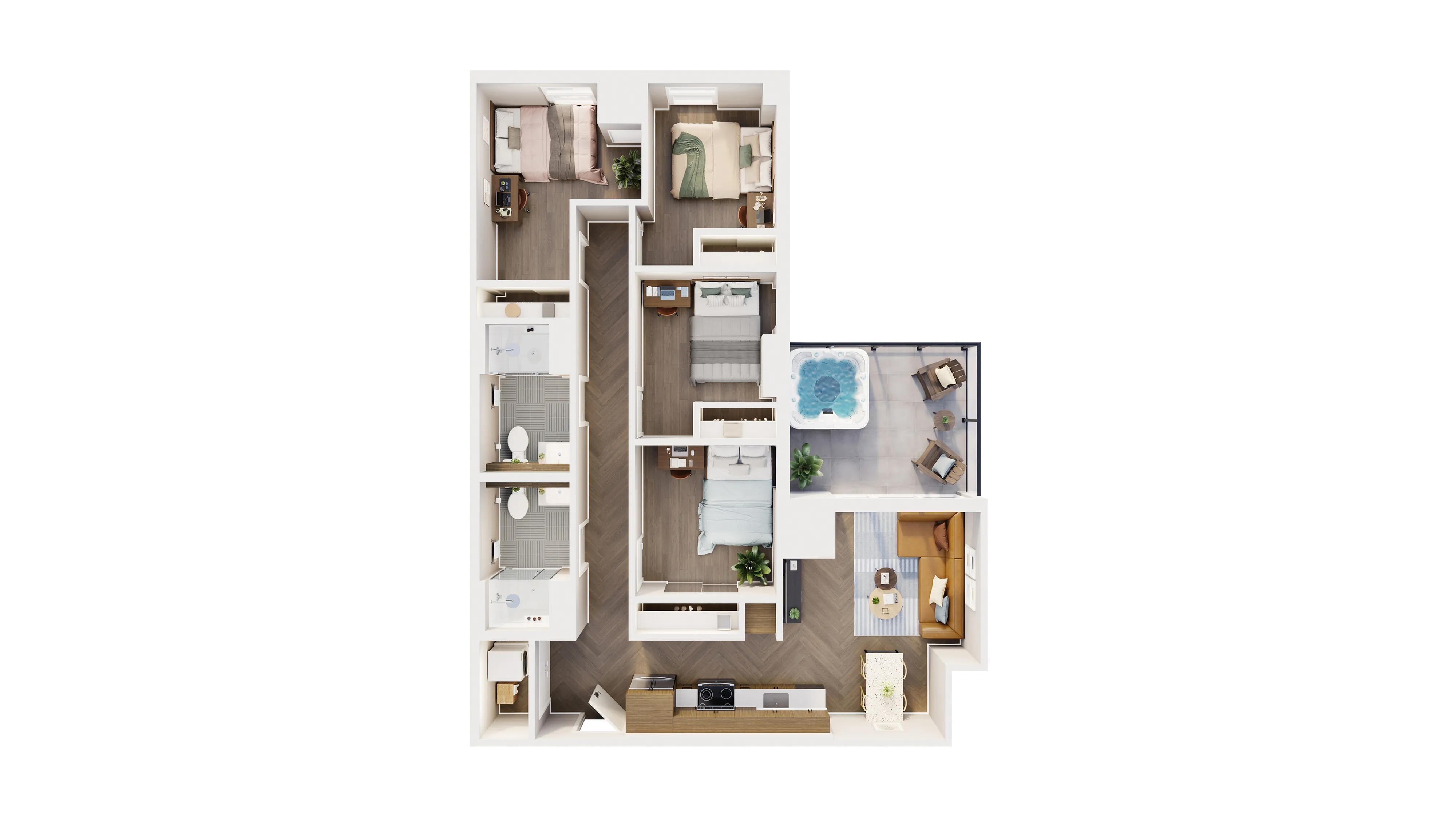 Modern 3D floor plan featuring three spacious bedrooms, luxurious bathrooms, an elegant open-concept kitchen, and a cozy living room. Includes a private balcony with a hot tub and outdoor seating.