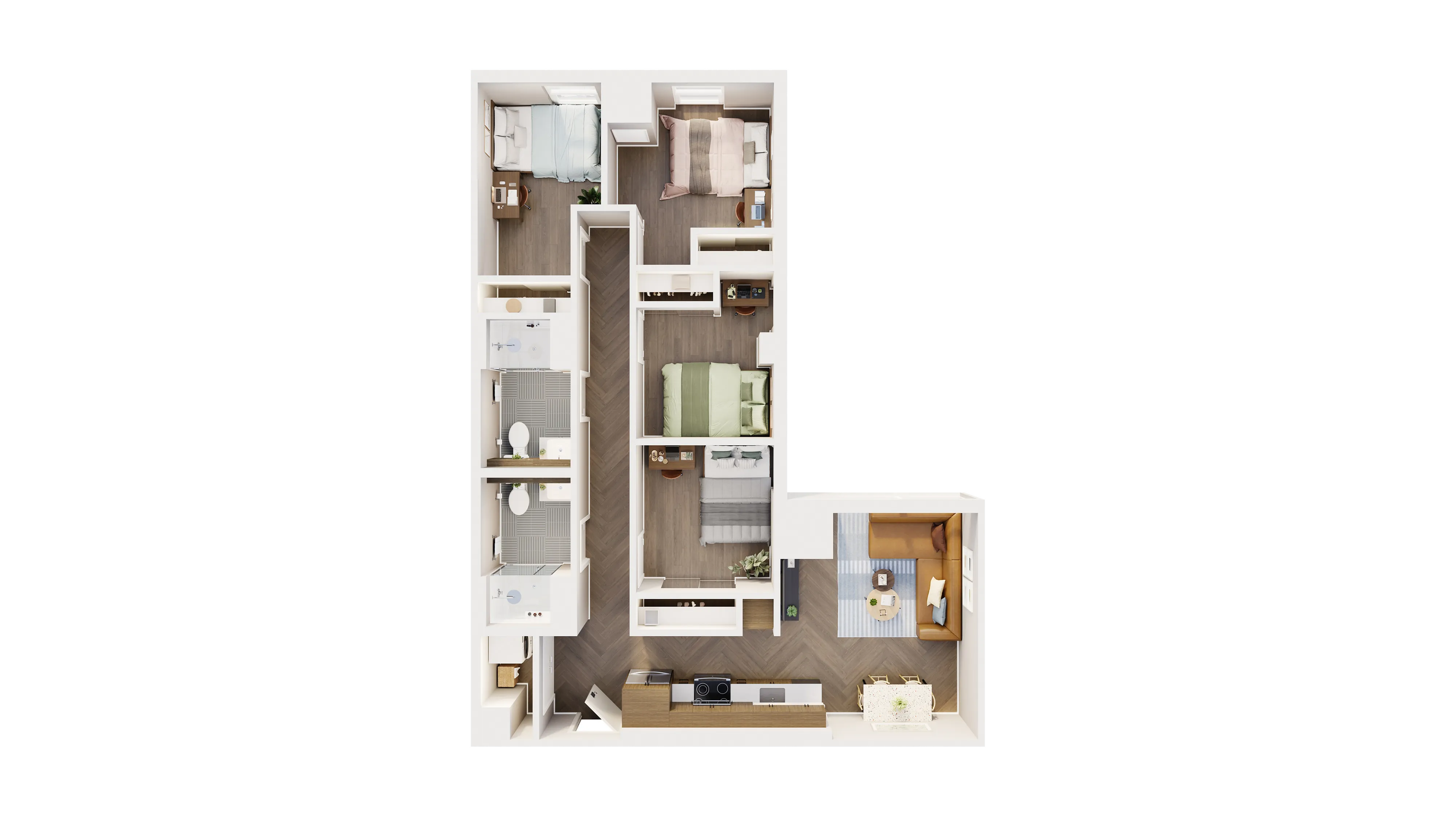 Modern 3D floor plan showcasing 3 cozy bedrooms, 2 sleek bathrooms, and an inviting open-concept kitchen and living area, perfect for stylish living.