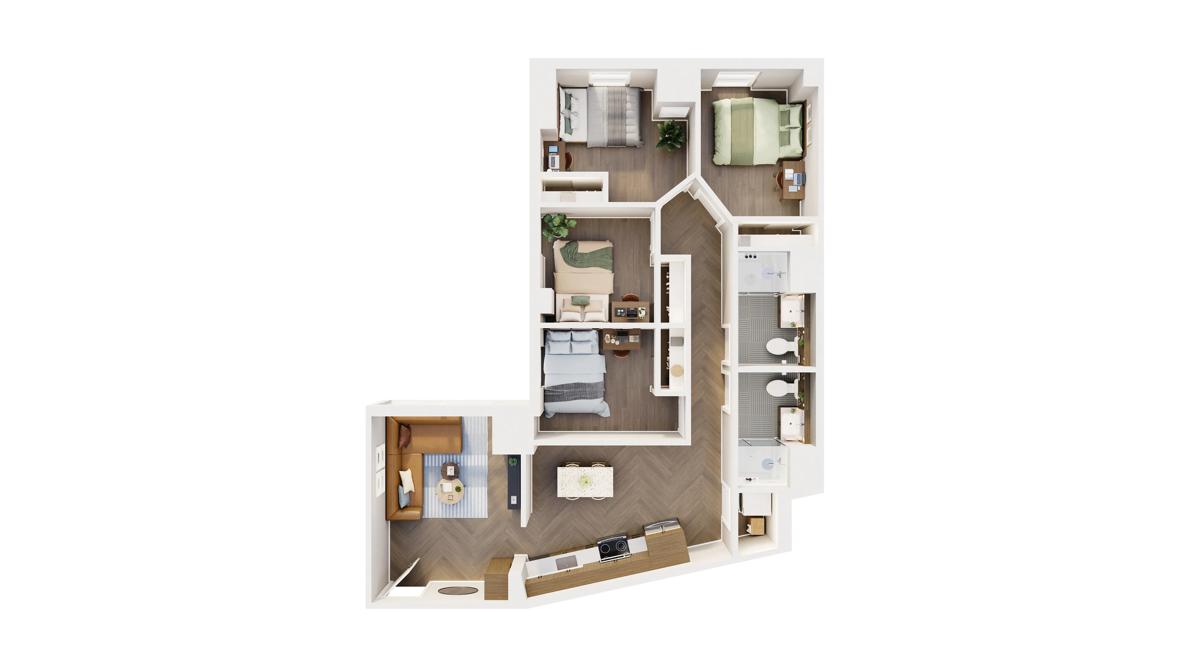 Contemporary L-shaped floor plan showcasing 3 cozy bedrooms, an inviting open kitchen space, chic living area, and two luxurious bathrooms.