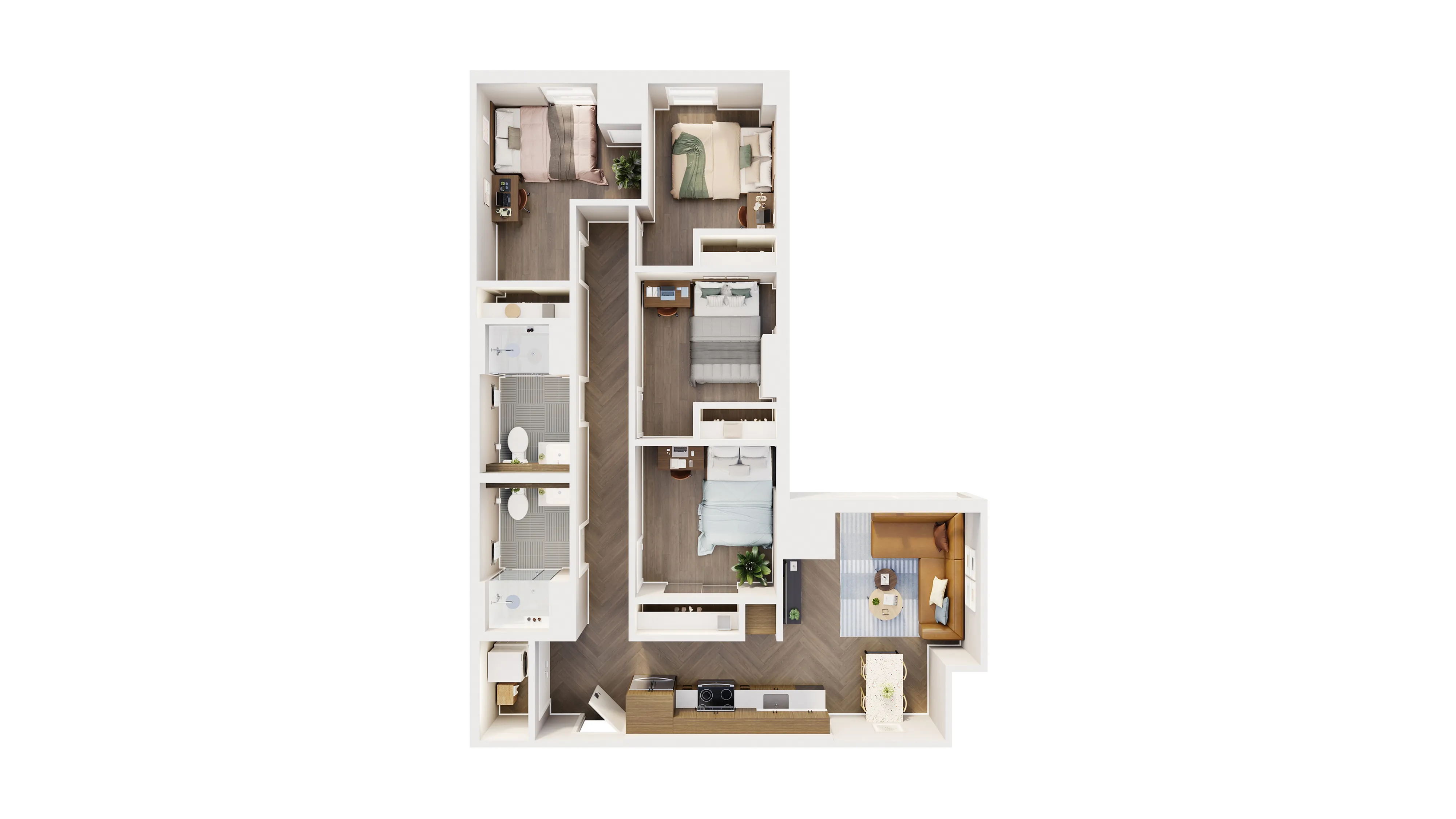 Elegant 3D floor plan displaying 3 cozy bedrooms, 2 modern bathrooms, a stylish open-plan kitchen, and a welcoming living room with chic furnishings.