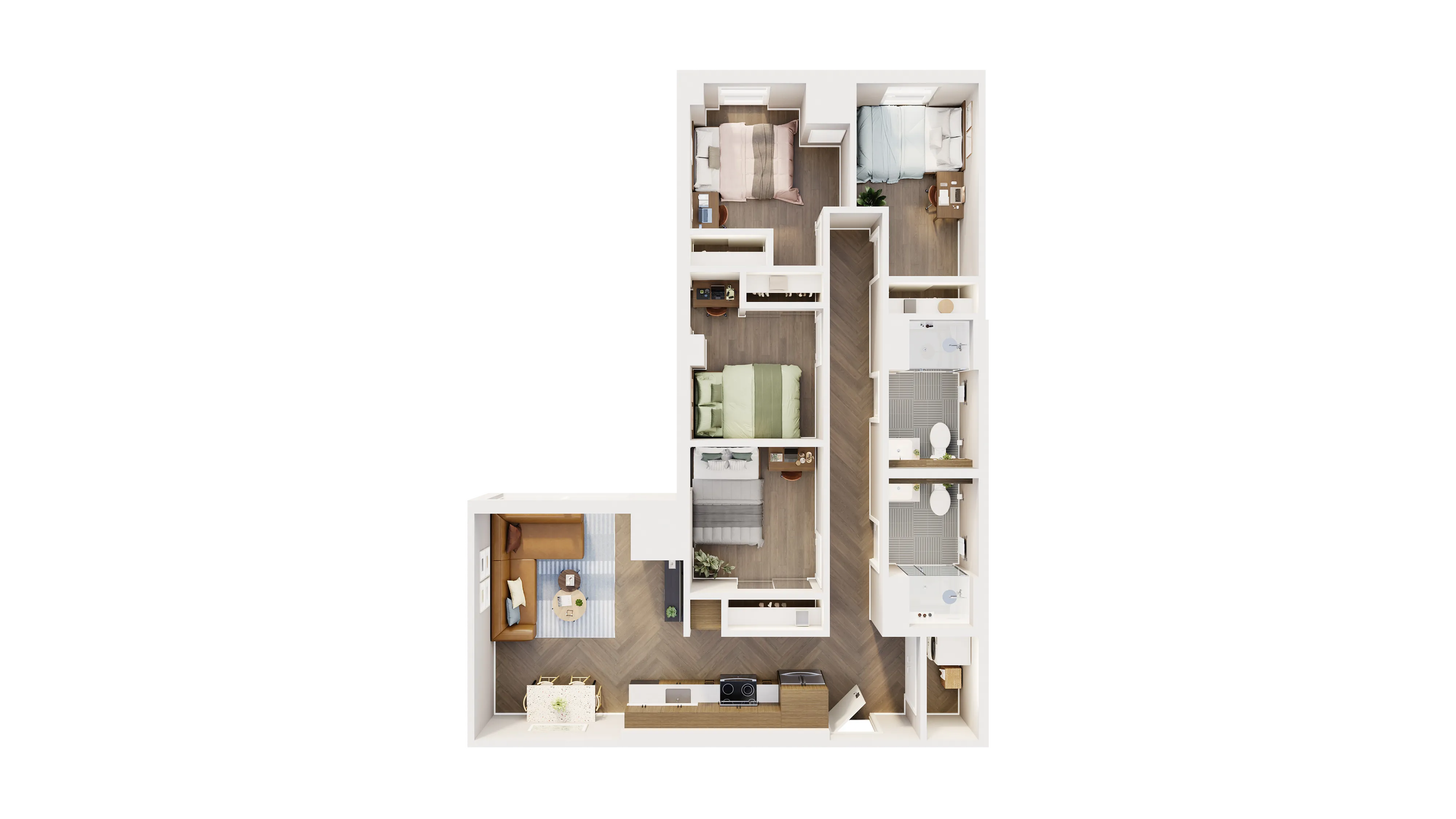 Modern L-shaped floor plan featuring 3 cozy bedrooms, a stylish open living room, sleek kitchen, and 2 well-appointed bathrooms.