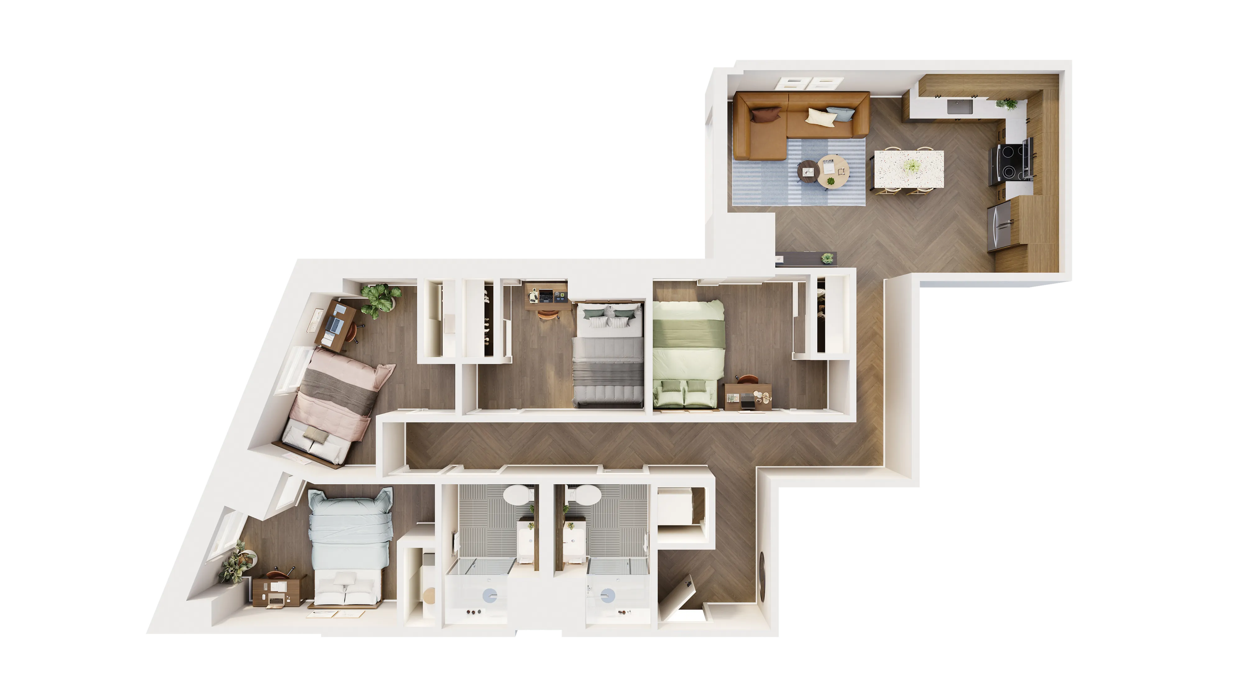 Modern 3D floor plan showcasing 3 cozy bedrooms, a well-appointed kitchen, and a spacious living area with contemporary design.