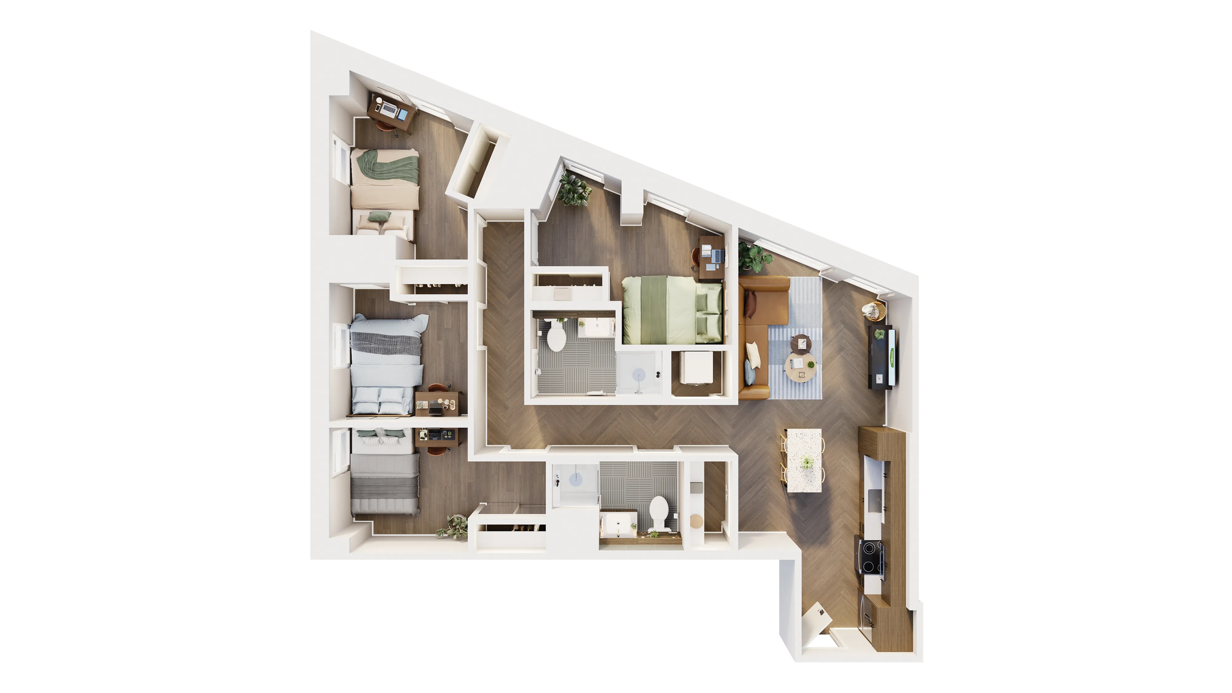 Modern 3D floor plan showcasing a stylish three-bedroom apartment with elegant open living area and sleek kitchen design.