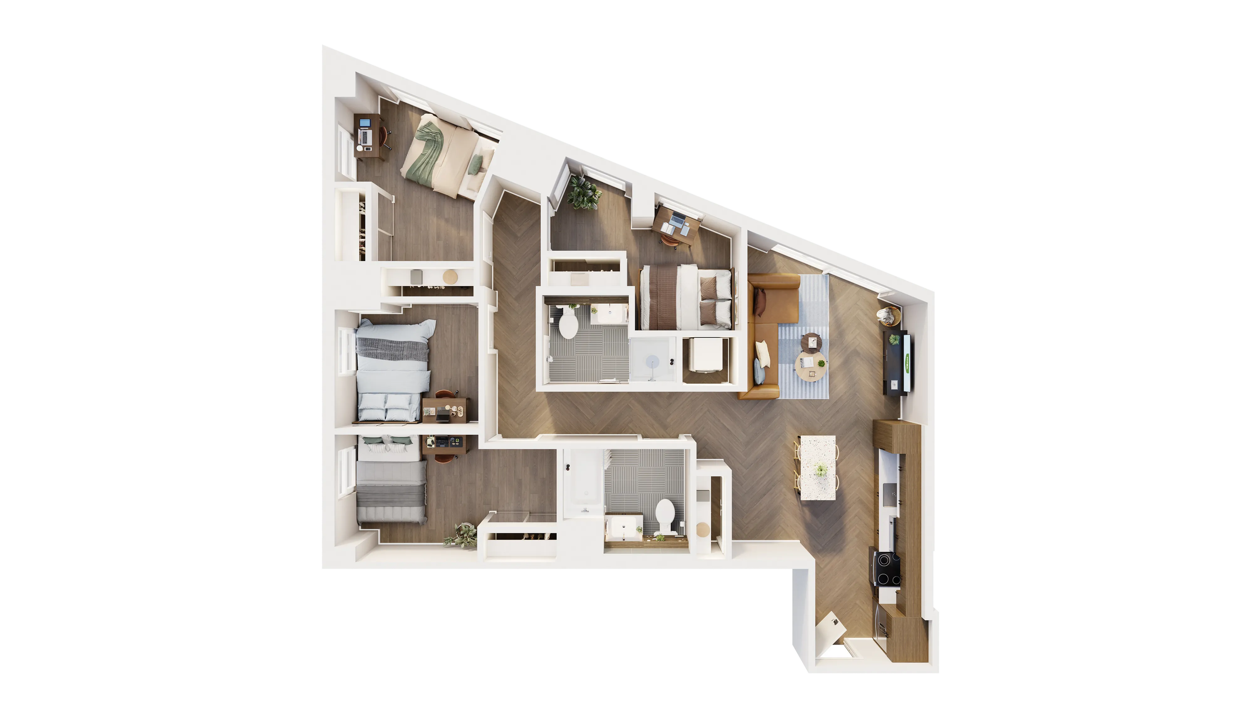 Modern 3D floor plan showcasing two bedrooms, a cozy living area, and a sleek kitchen with an open dining space.