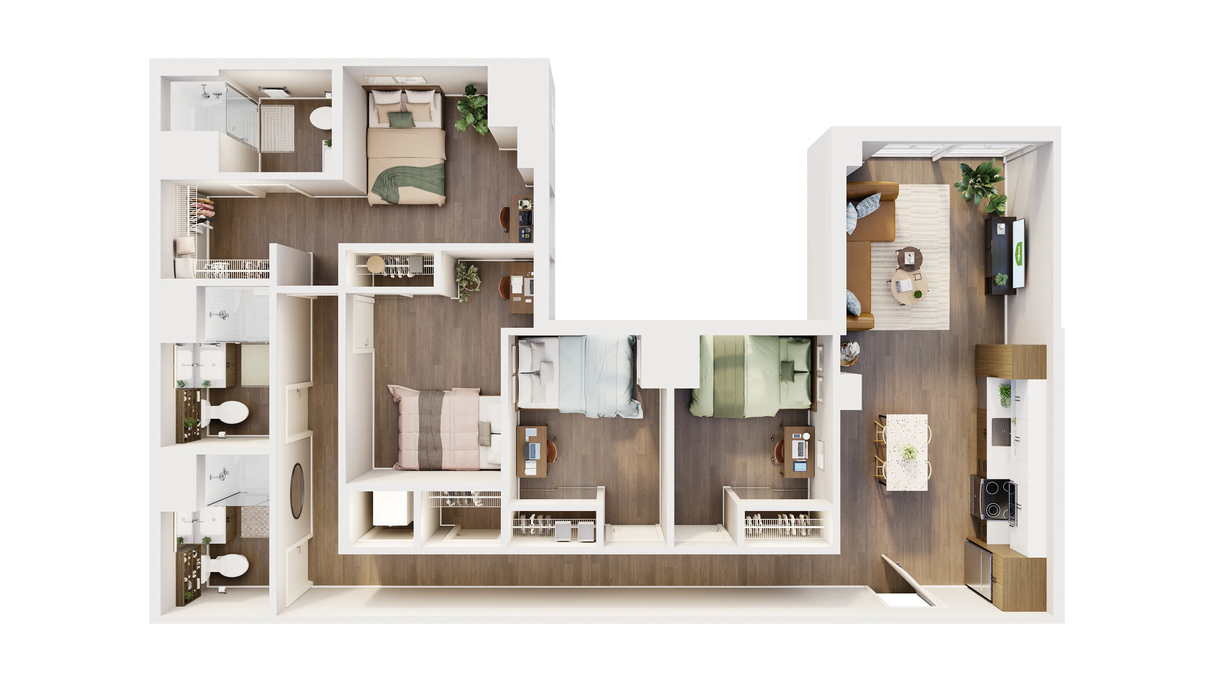 Modern 3D floor plan showcasing a stylish apartment with three bedrooms, two bathrooms, a sleek kitchen, and an inviting living area.