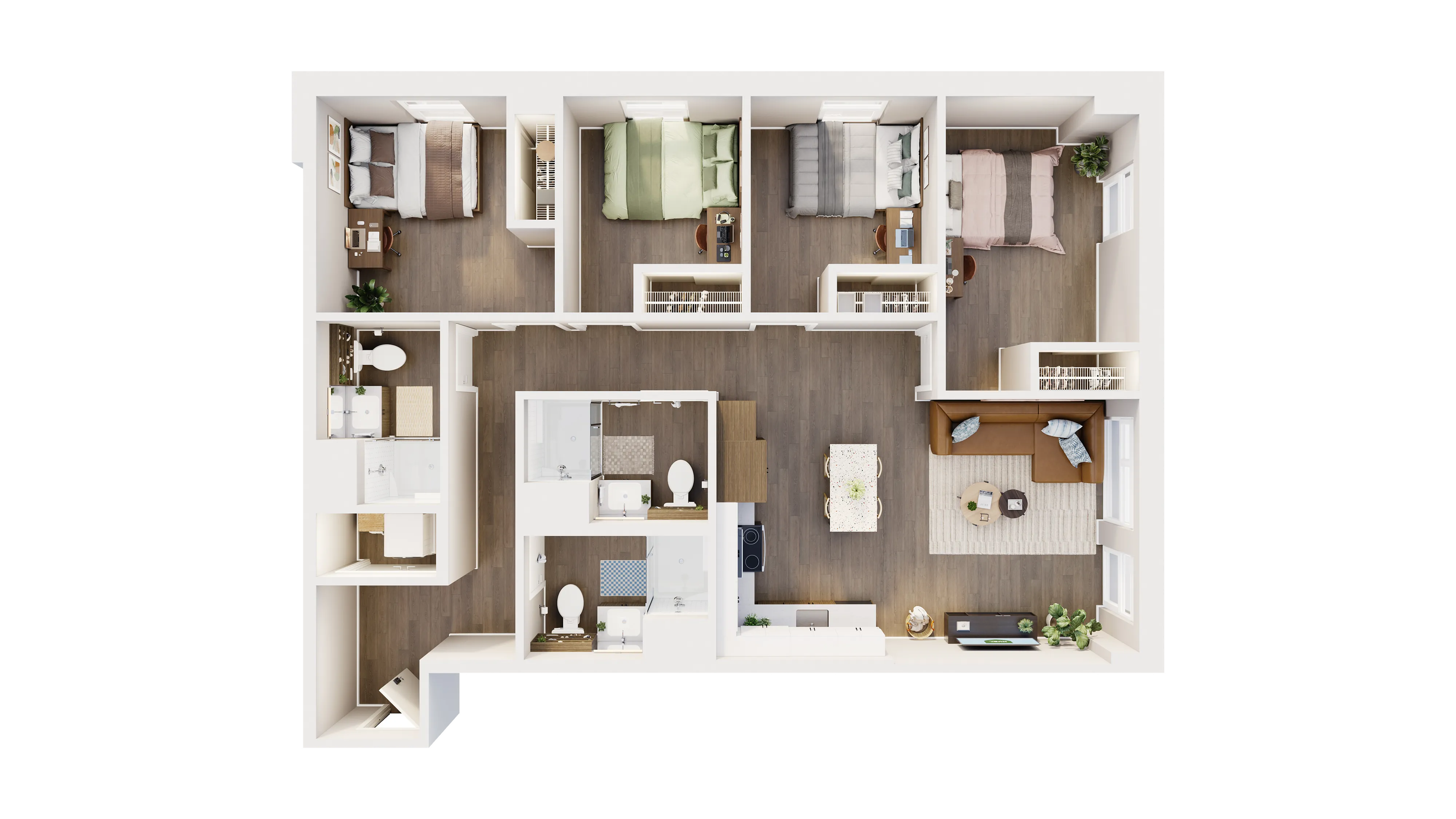 Chic and spacious 3D floor plan featuring 4 bedrooms, 2 modern bathrooms, a sleek open-concept kitchen, and a cozy living room.
