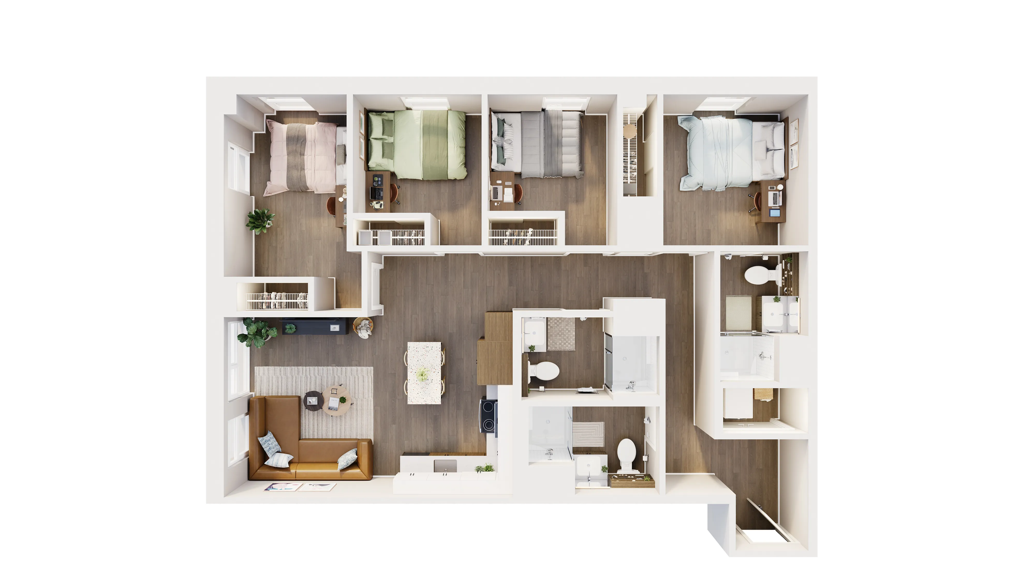 Modern 3D floor plan showcasing 3 spacious bedrooms, an open living room, elegant kitchen, and cozy dining area.