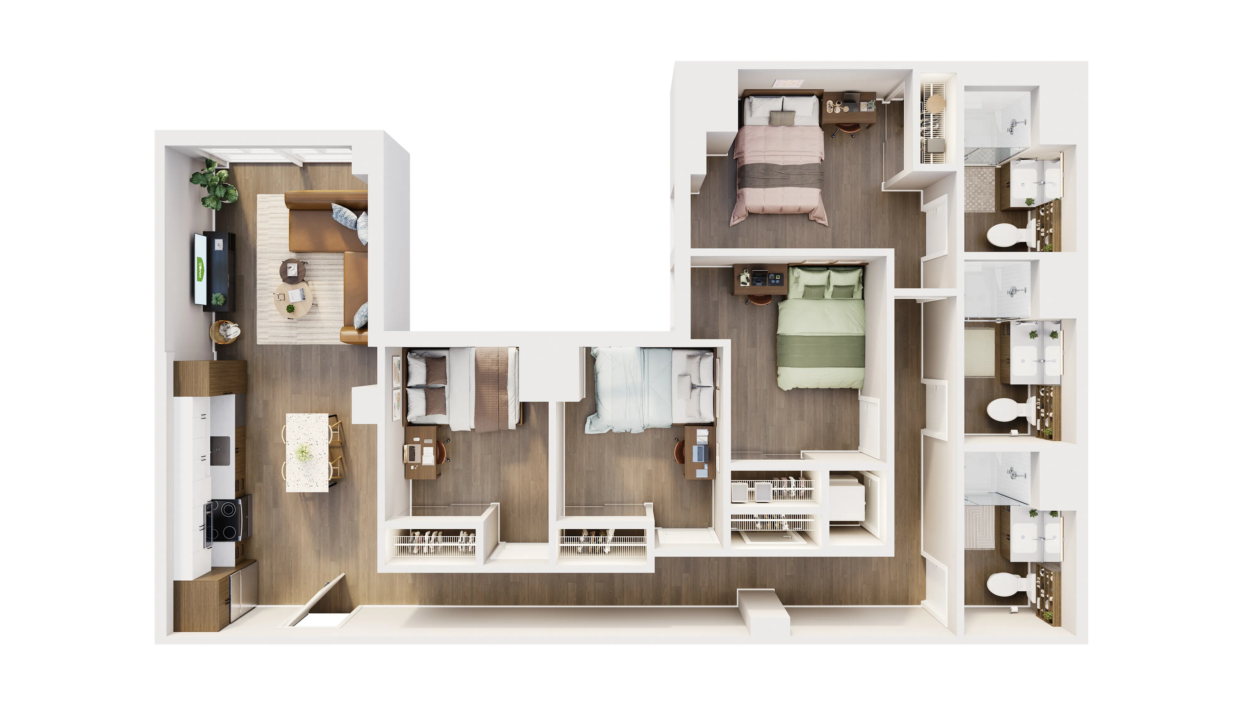 Elegant 3D floor plan showcasing three bedrooms, a modern kitchen, open living room, and three bathrooms with sleek design.