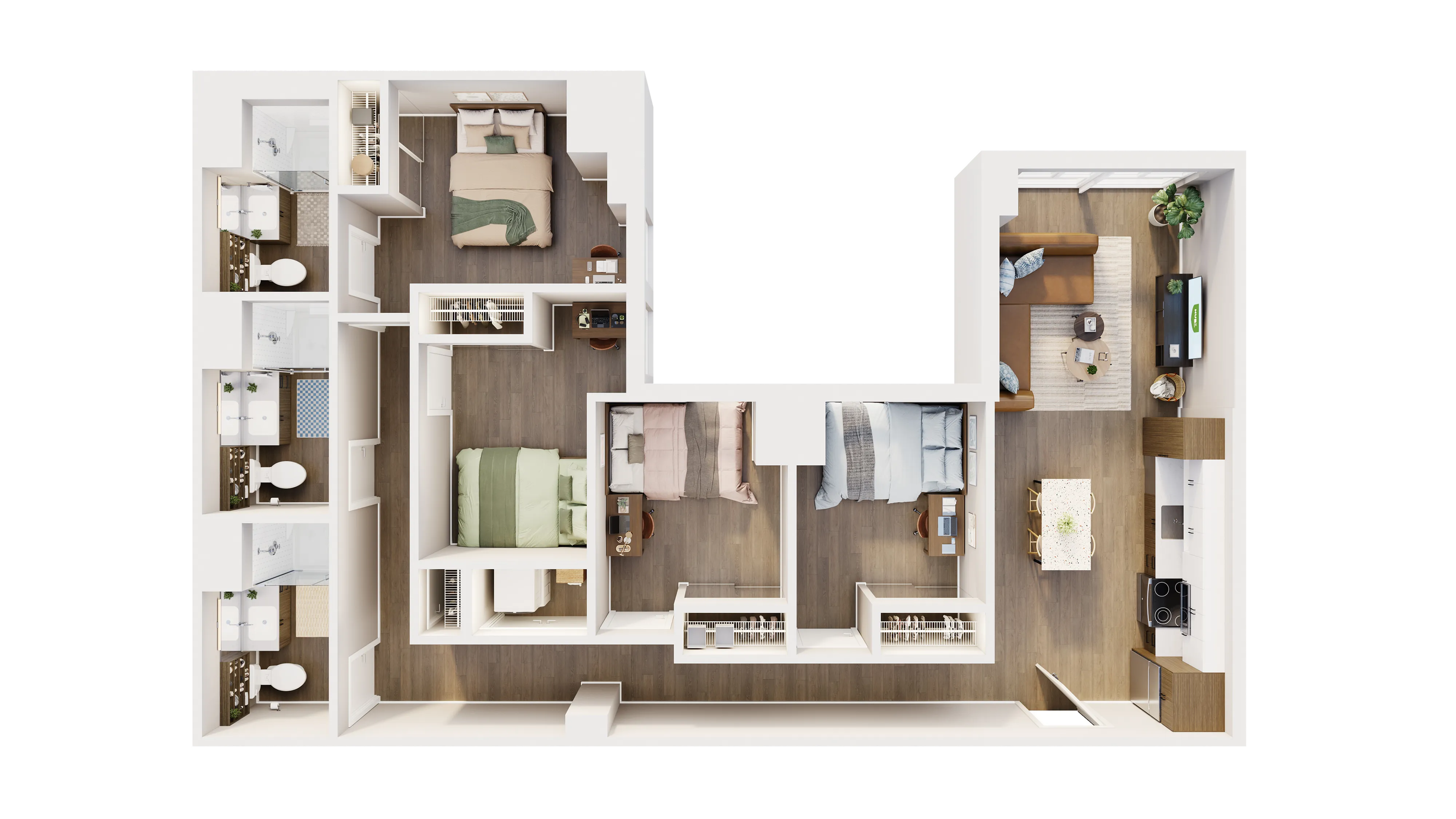 Inviting floor plan with 3 bedrooms and 3 modern bathrooms, featuring a cozy living room and a contemporary kitchen.