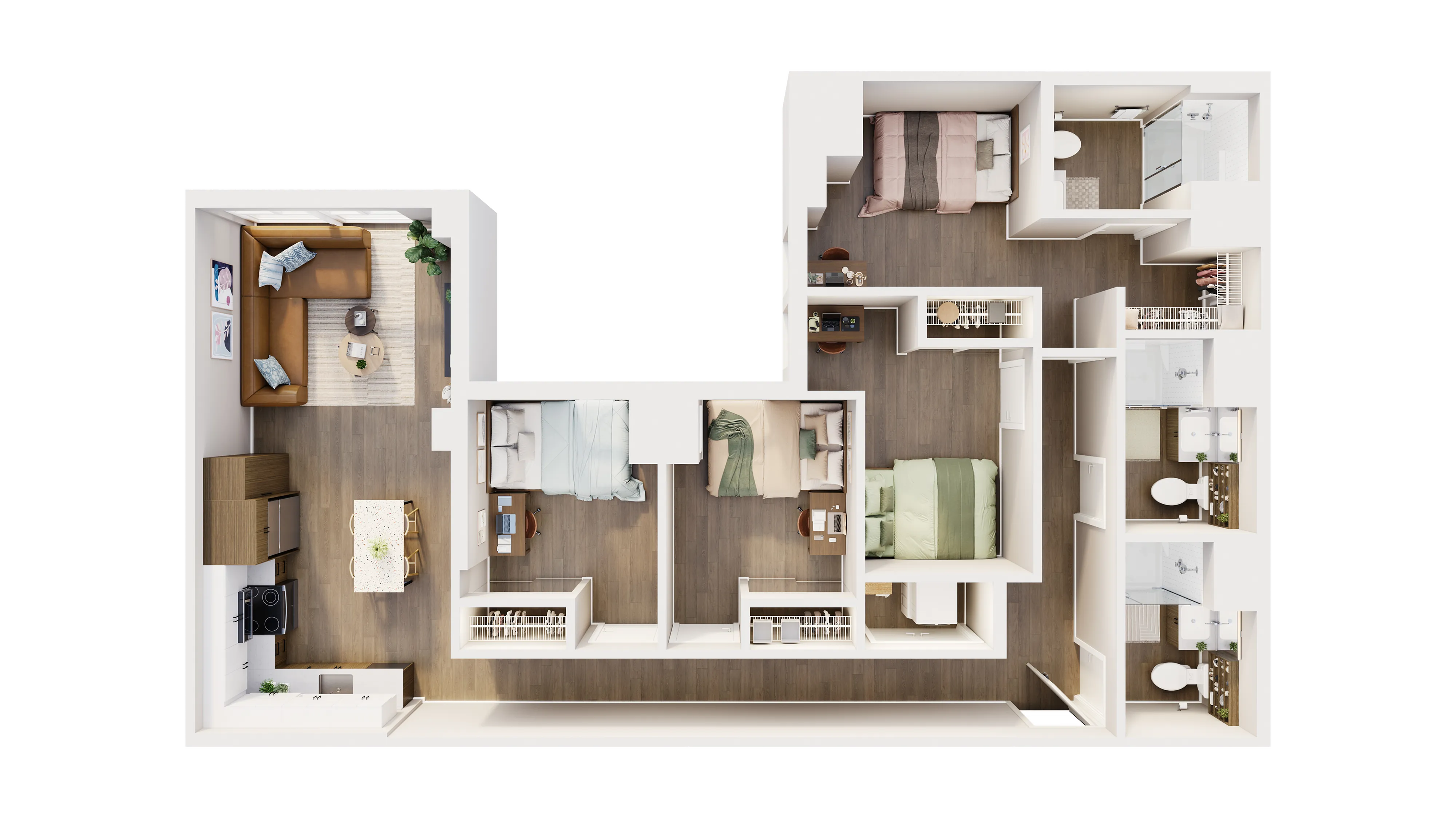 Modern 3D floor plan featuring 3 cozy bedrooms, an elegant open-concept kitchen, and a stylish living area with natural light.