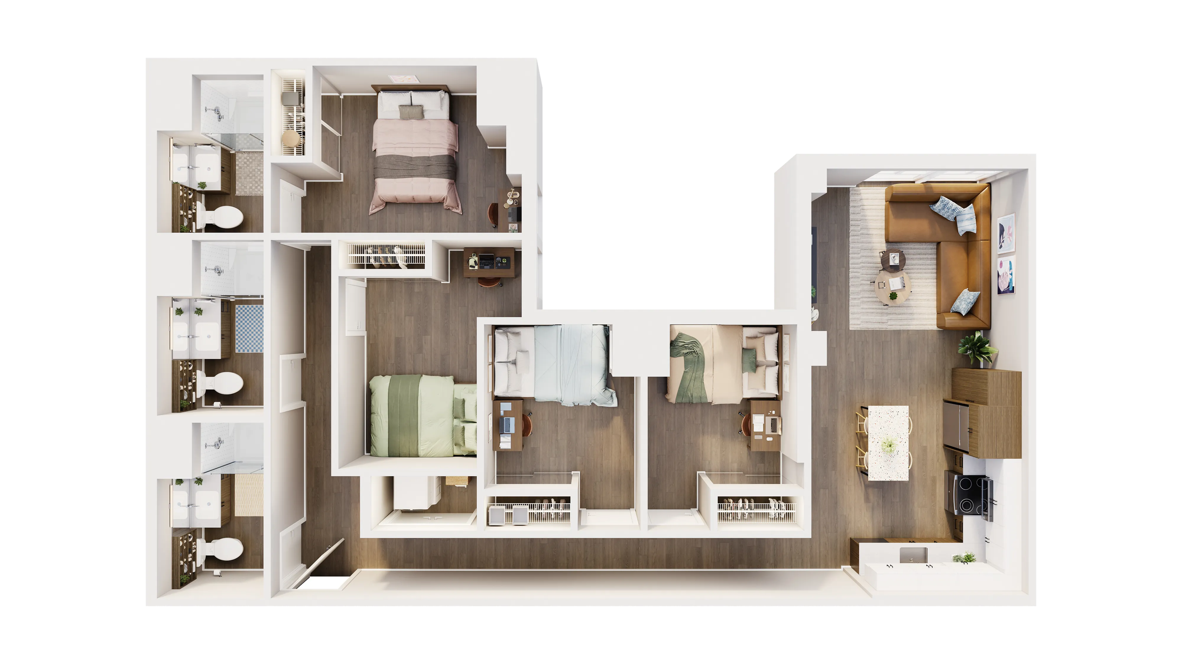 Modern L-shaped floor plan showcasing 3 bedrooms, 2 stylish bathrooms, cozy living room, and a sleek kitchen with dining area.