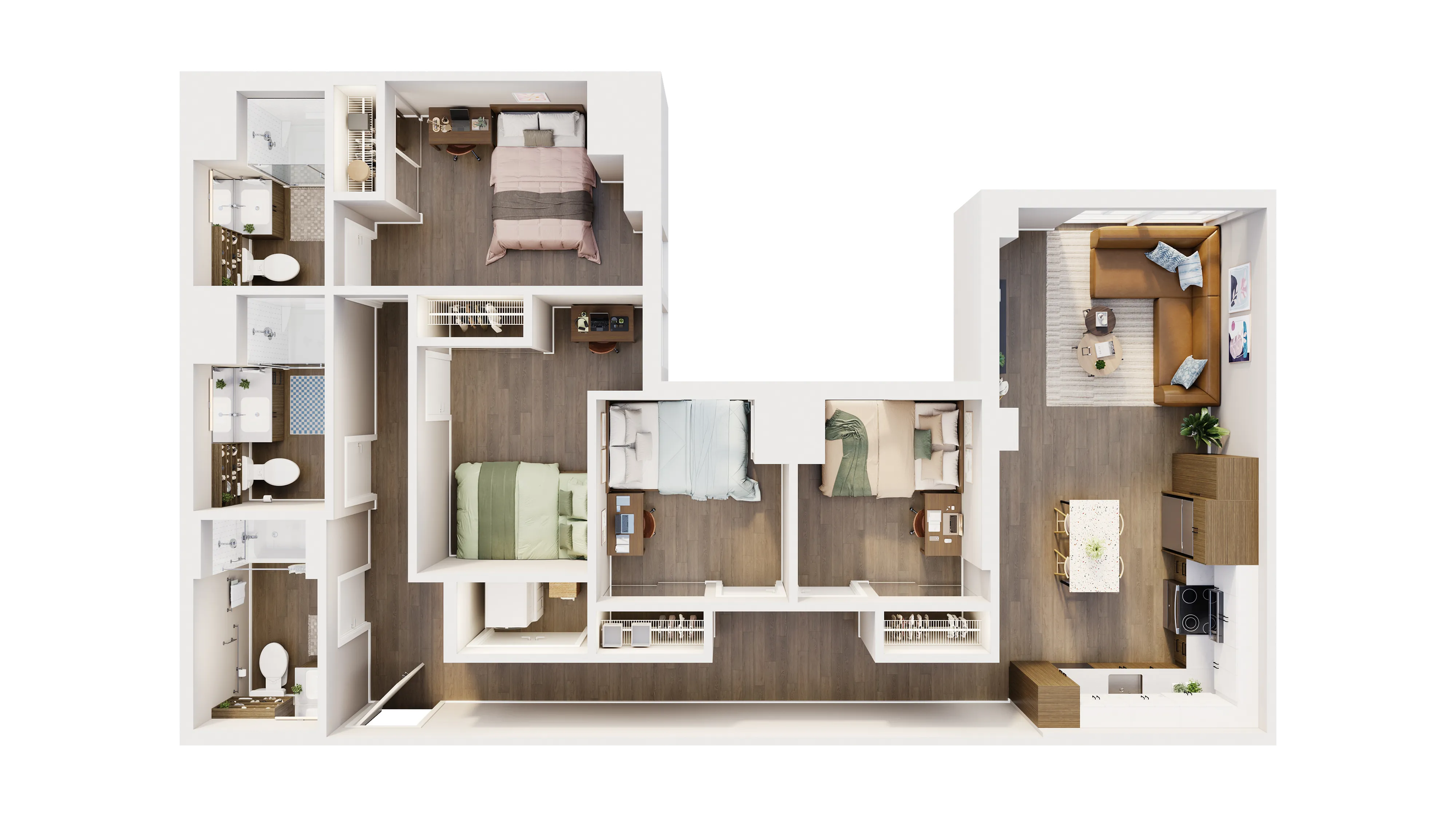 Contemporary L-shaped floor plan showcasing three bedrooms, a modern open-concept kitchen, elegant dining area, and cozy living room for ultimate comfort.
