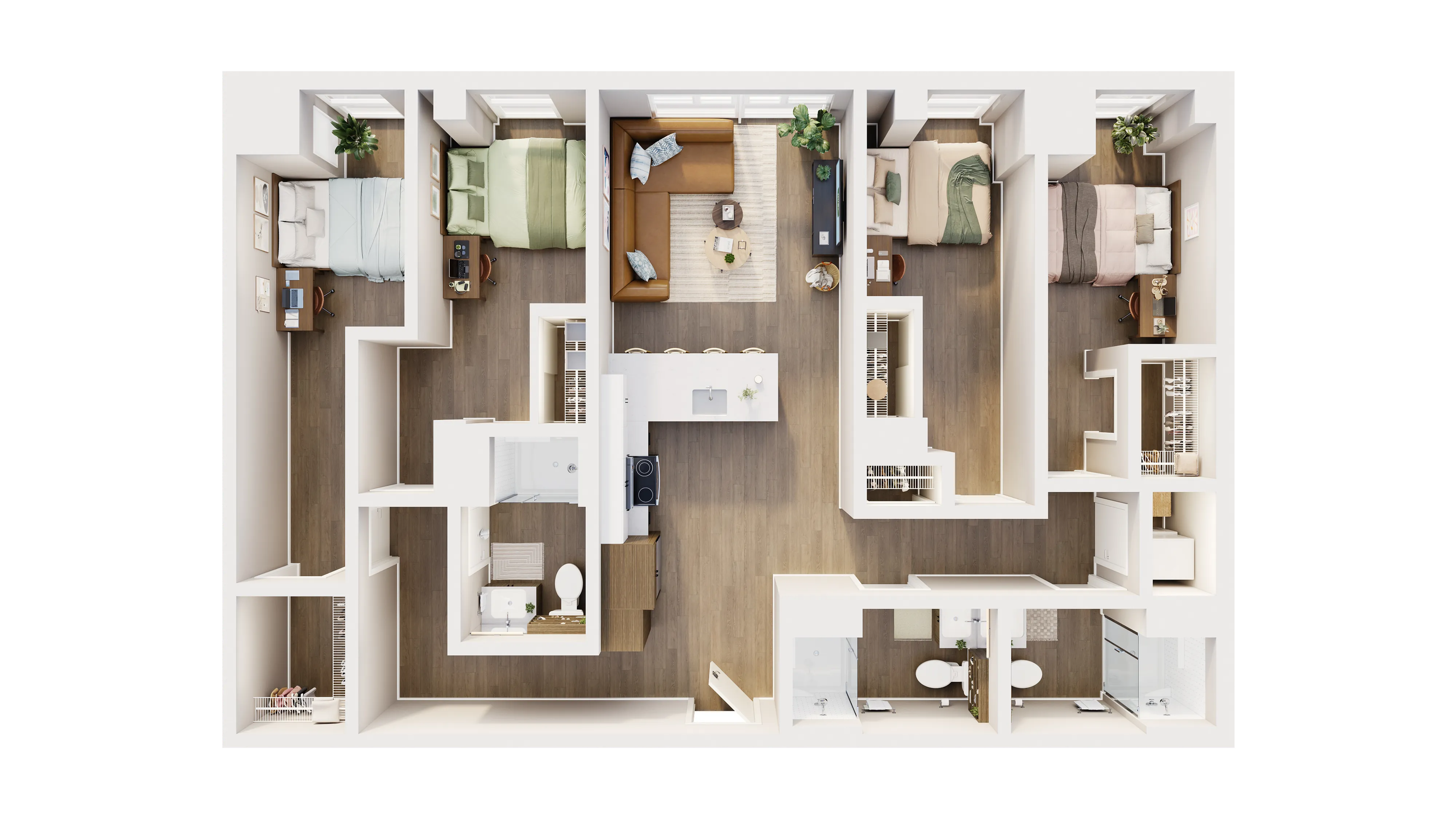 Modern 3D floor plan showcasing 3 spacious bedrooms, an open-concept kitchen and living area, and elegant bathrooms.