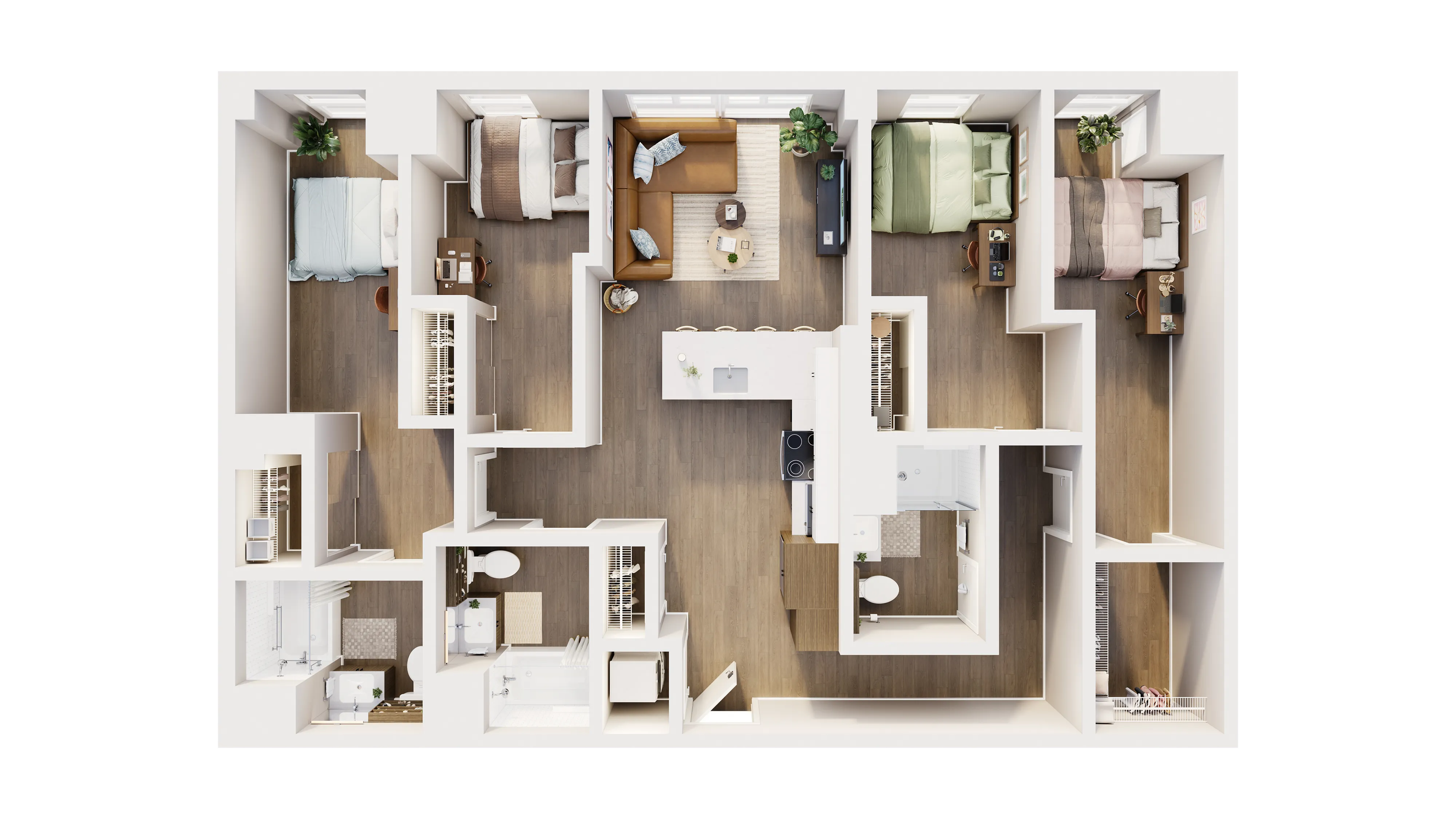 Modern 3-bedroom apartment with spacious open-concept living area, sleek kitchen island, and elegant hardwood flooring.