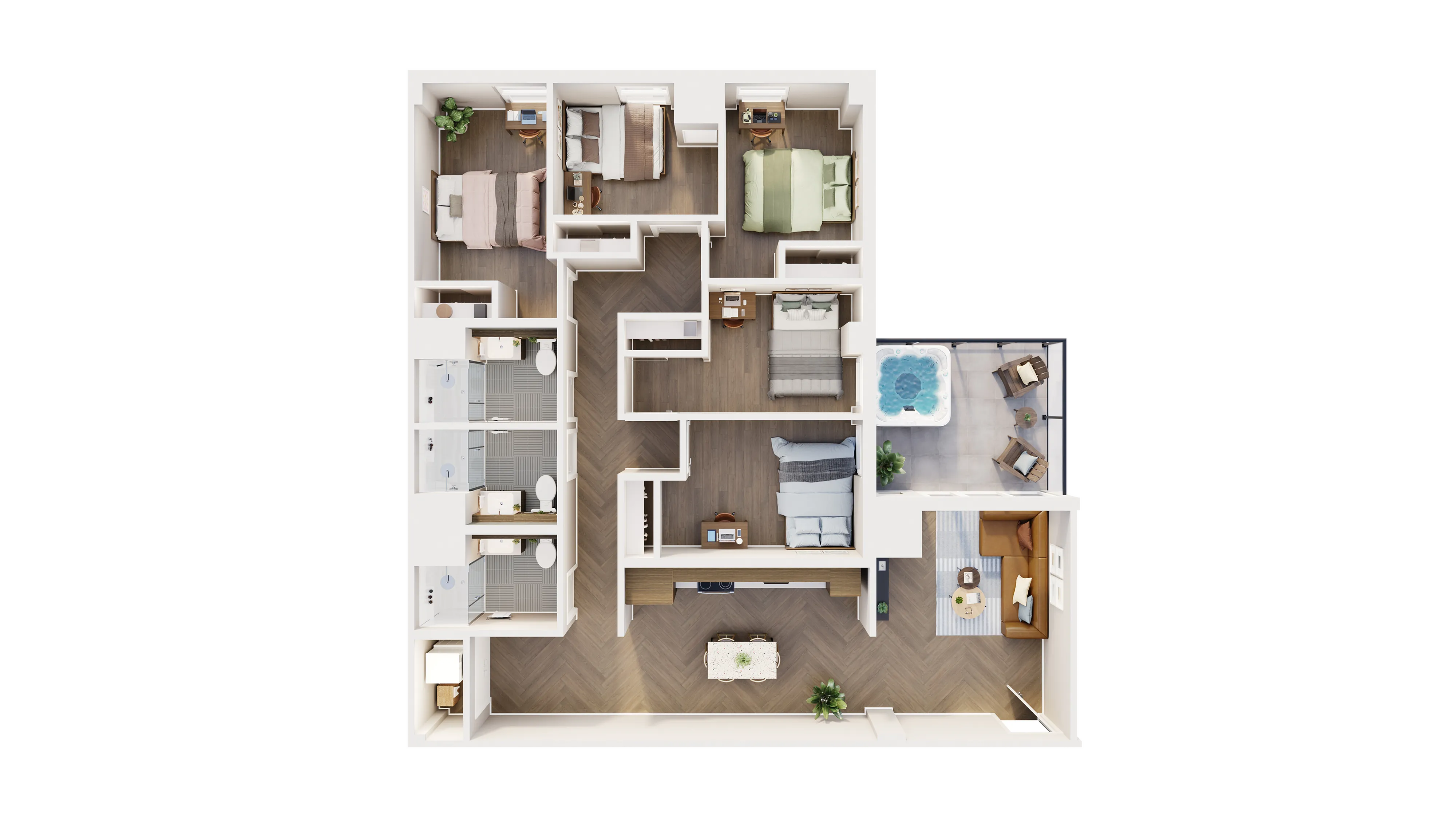 Modern apartment 3D floor plan featuring four bedrooms, a chic living area, and a private outdoor space with a hot tub.