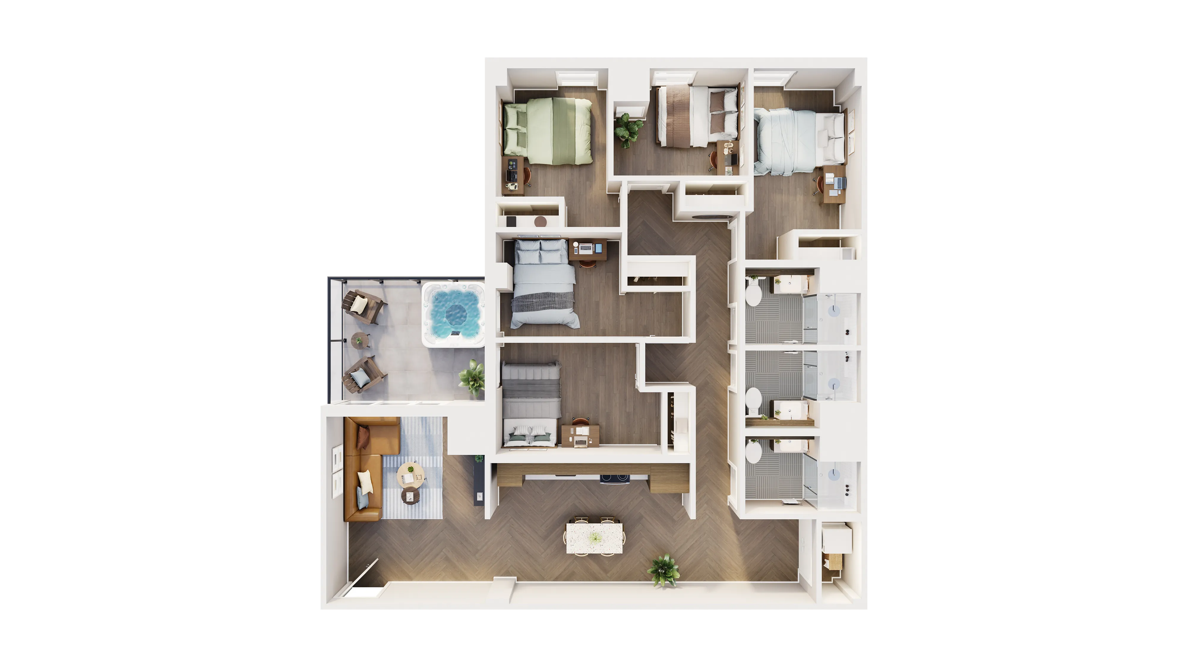 Luxurious apartment floor plan featuring 3 spacious bedrooms, an elegant living area, modern kitchen, and a relaxing outdoor terrace with a hot tub.