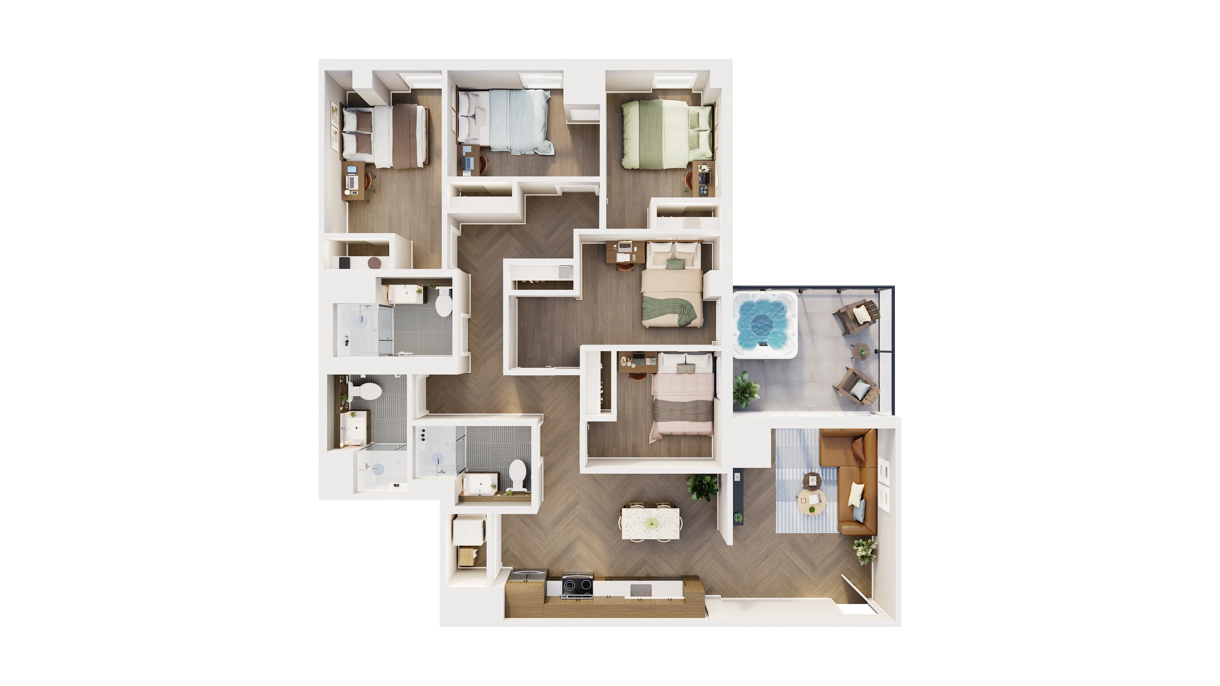 Elegant floor plan showcasing 4 bedrooms, two bathrooms, open-concept living space, modern kitchen, and a stylish patio with a hot tub.