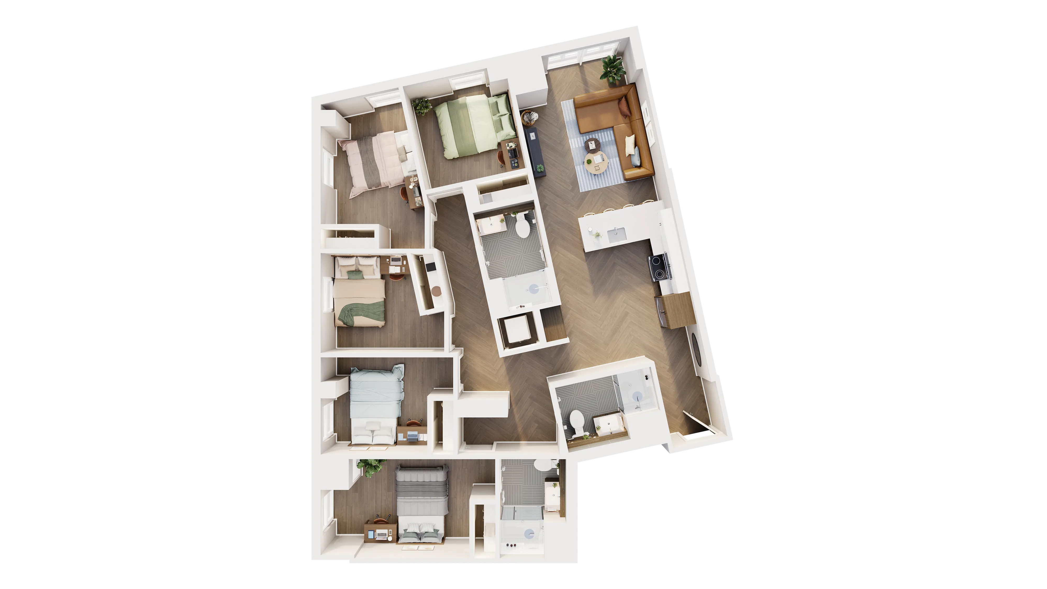 Contemporary floor plan showcasing four stylish bedrooms, modern open kitchen, chic living area, and two elegant bathrooms.