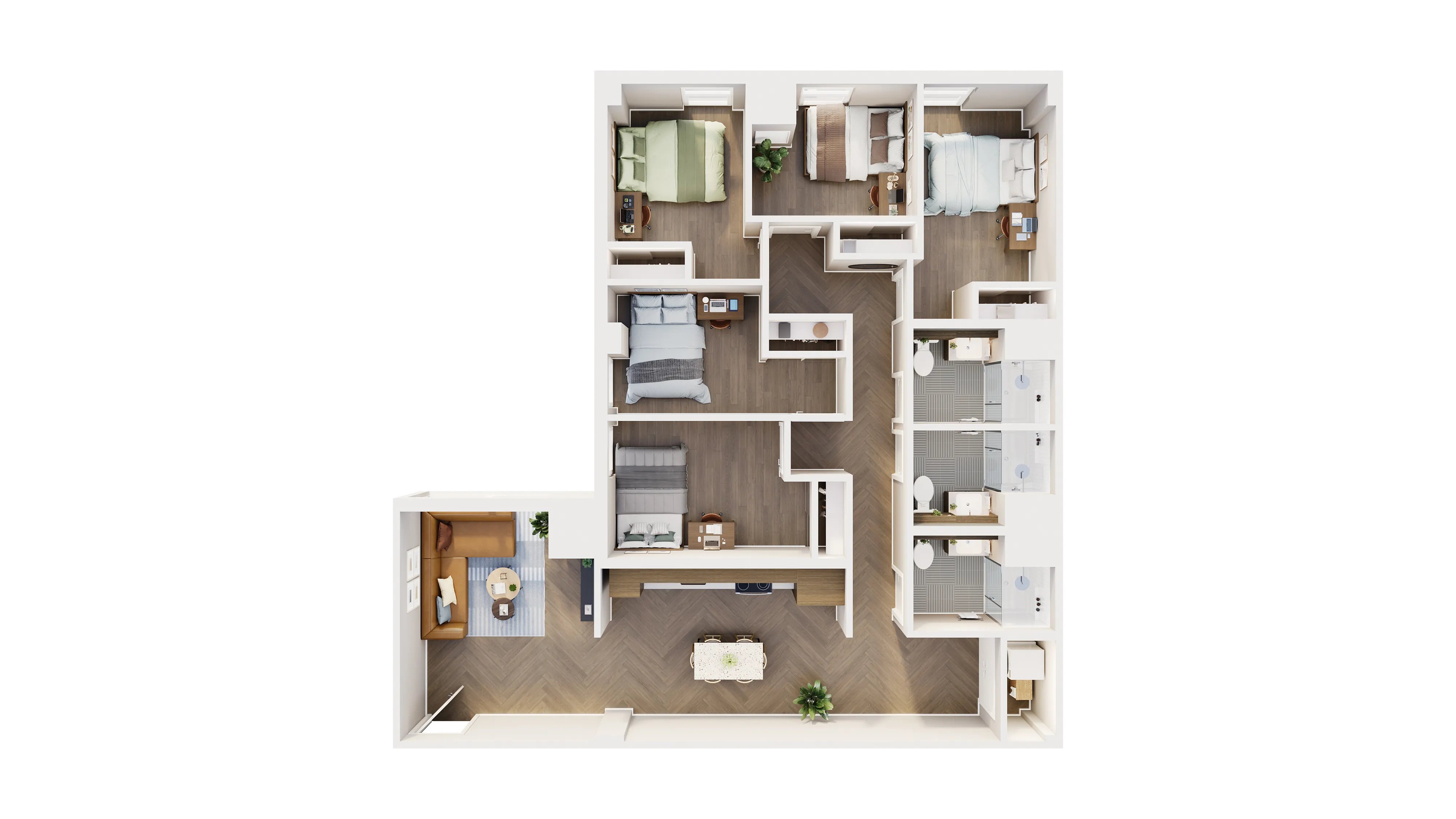 Modern floor plan showcasing four spacious bedrooms, a cozy living area with corner sofa, open dining space, and dual contemporary bathrooms.