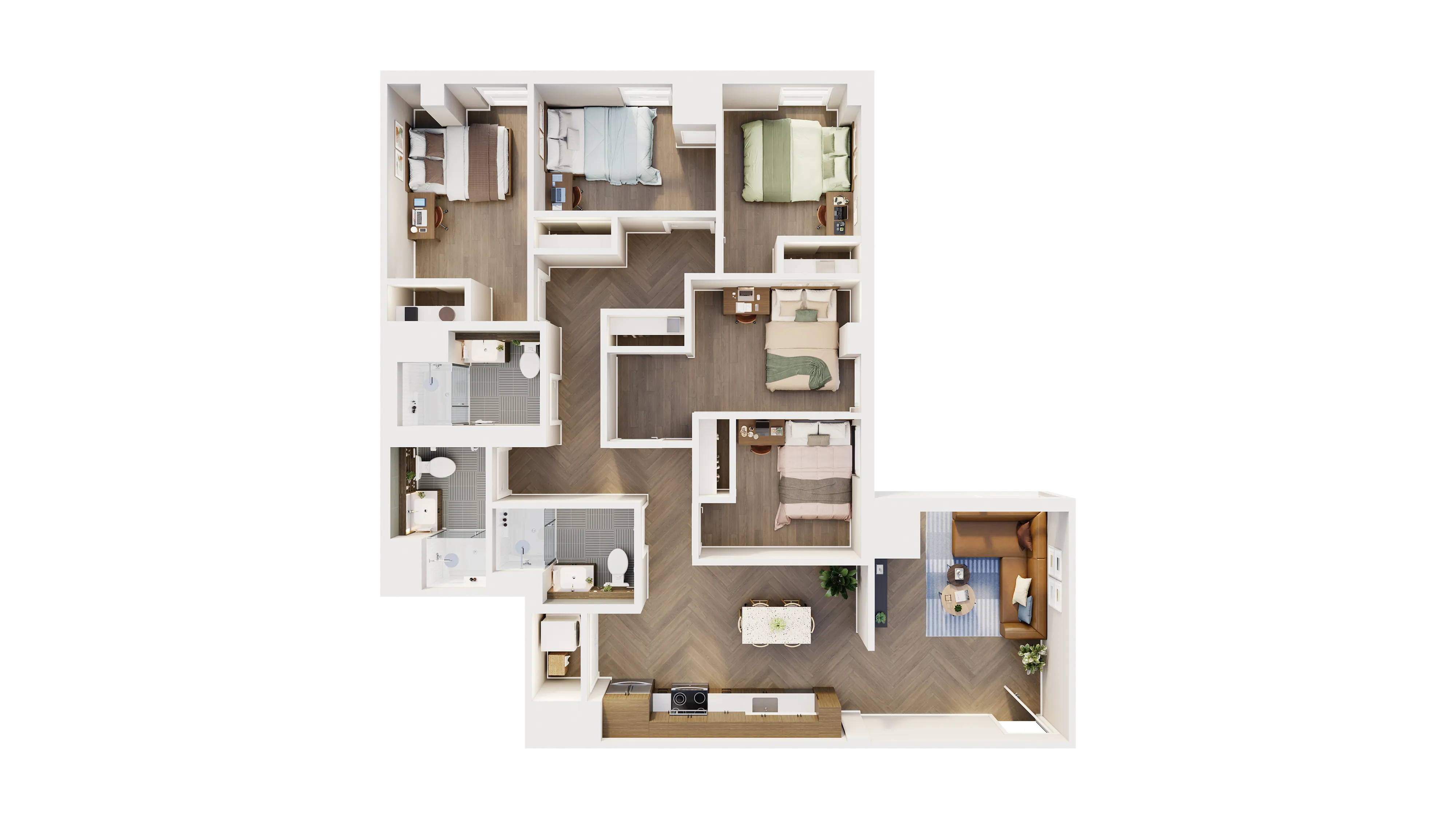 Elegant 3D floor plan of a modern apartment featuring 4 bedrooms, 2 bathrooms, an open-concept kitchen, dining area, and a cozy living room.