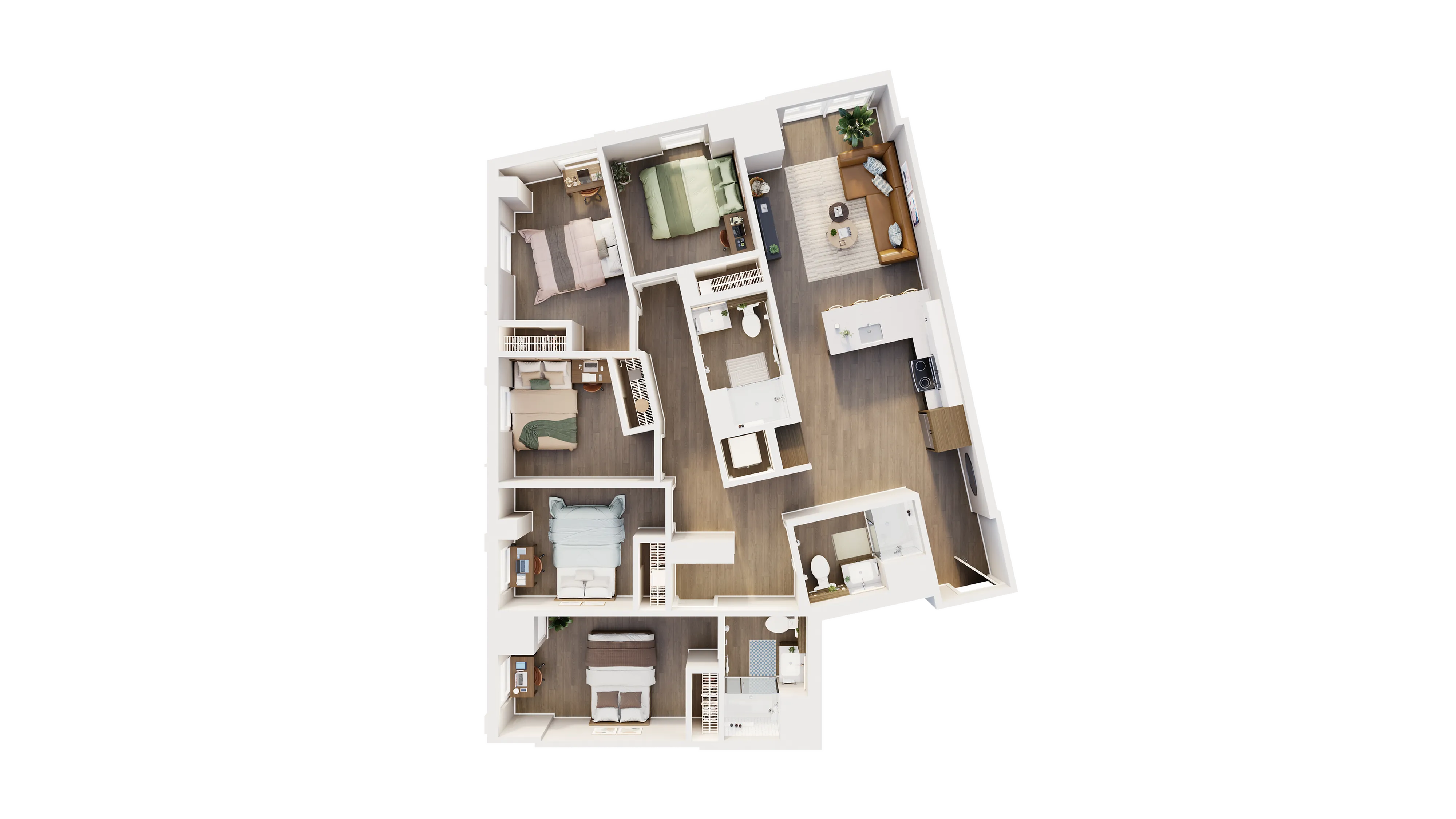 Spacious 3D floor plan featuring four bedrooms, an open kitchen, cozy living area, and two modern bathrooms.
