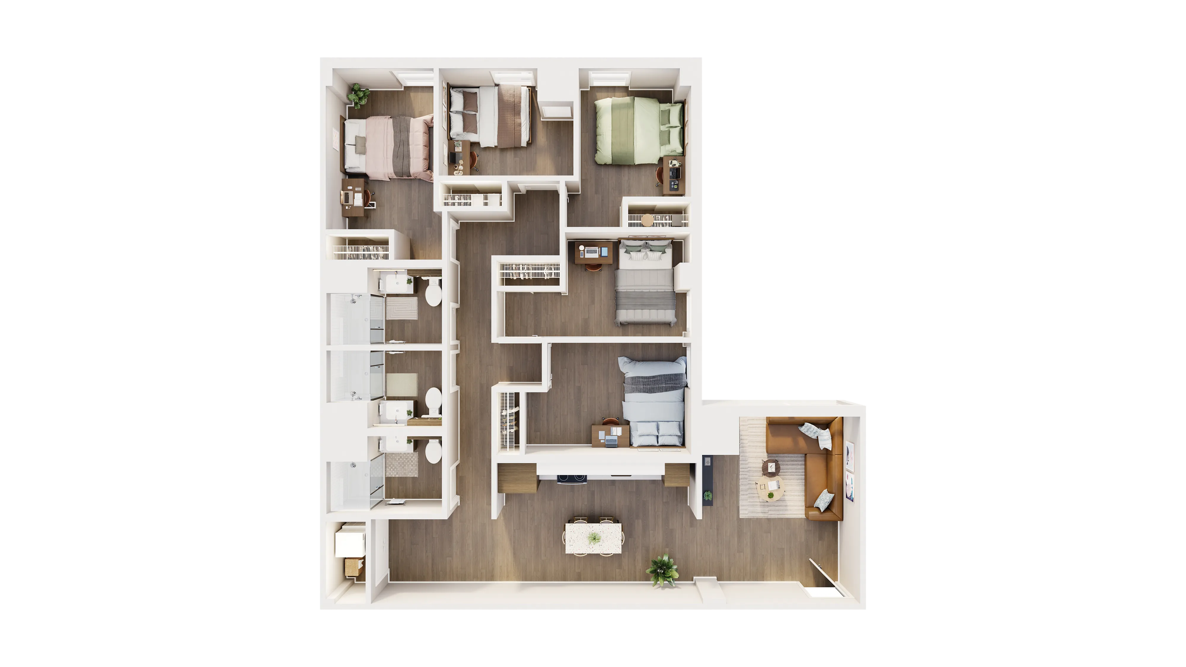 Modern 3D floor plan showcasing four bedrooms, two bathrooms, and an inviting open living-dining area with elegant wooden flooring.