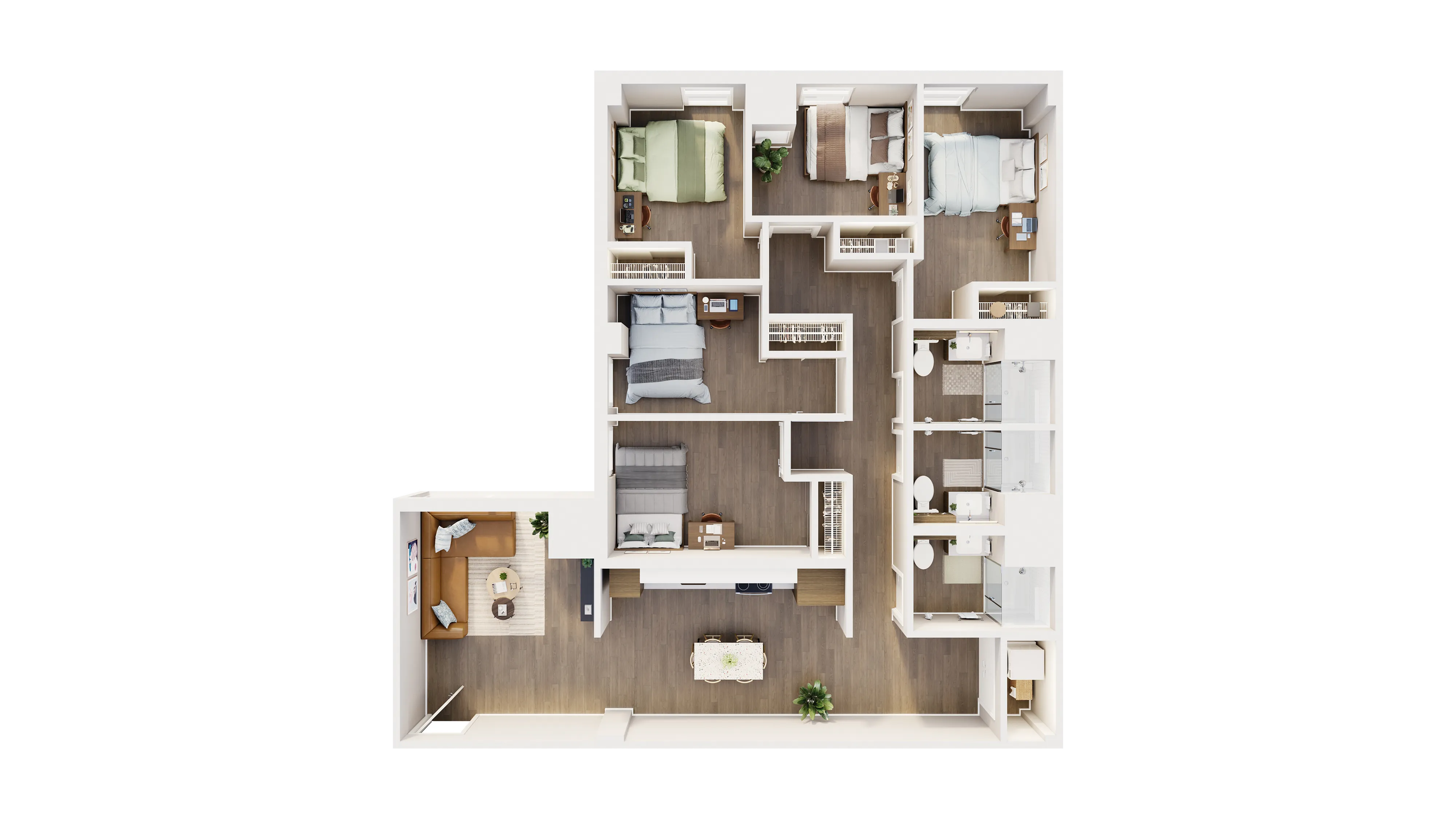 Elegant 3D floor plan showcasing three spacious bedrooms, a modern open-plan kitchen and dining area, and a cozy living room with stylish decor.