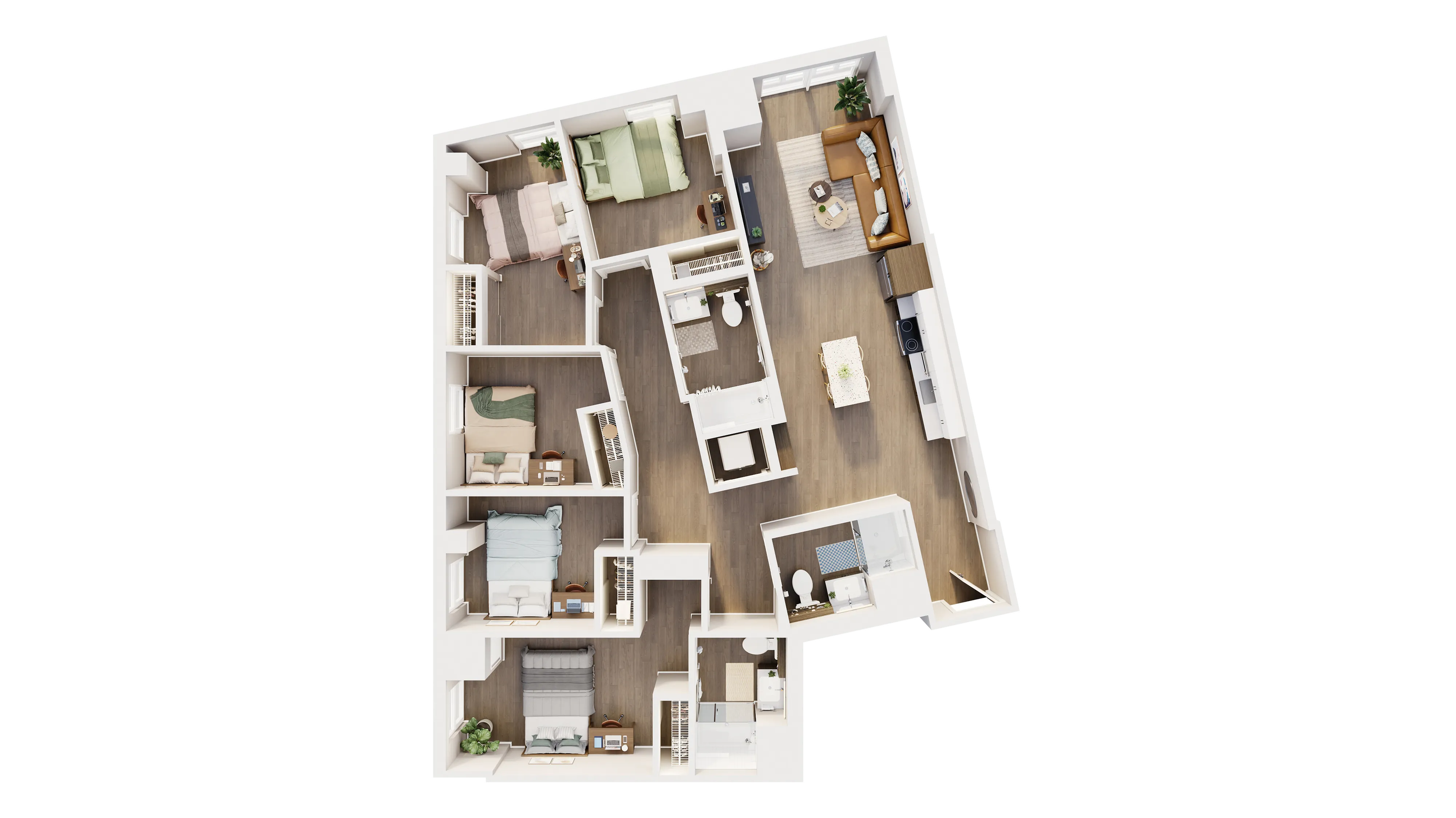 Contemporary 3D floor plan featuring three spacious bedrooms, a sleek open-concept living area, and a modern kitchen with island, designed for optimal comfort and style.