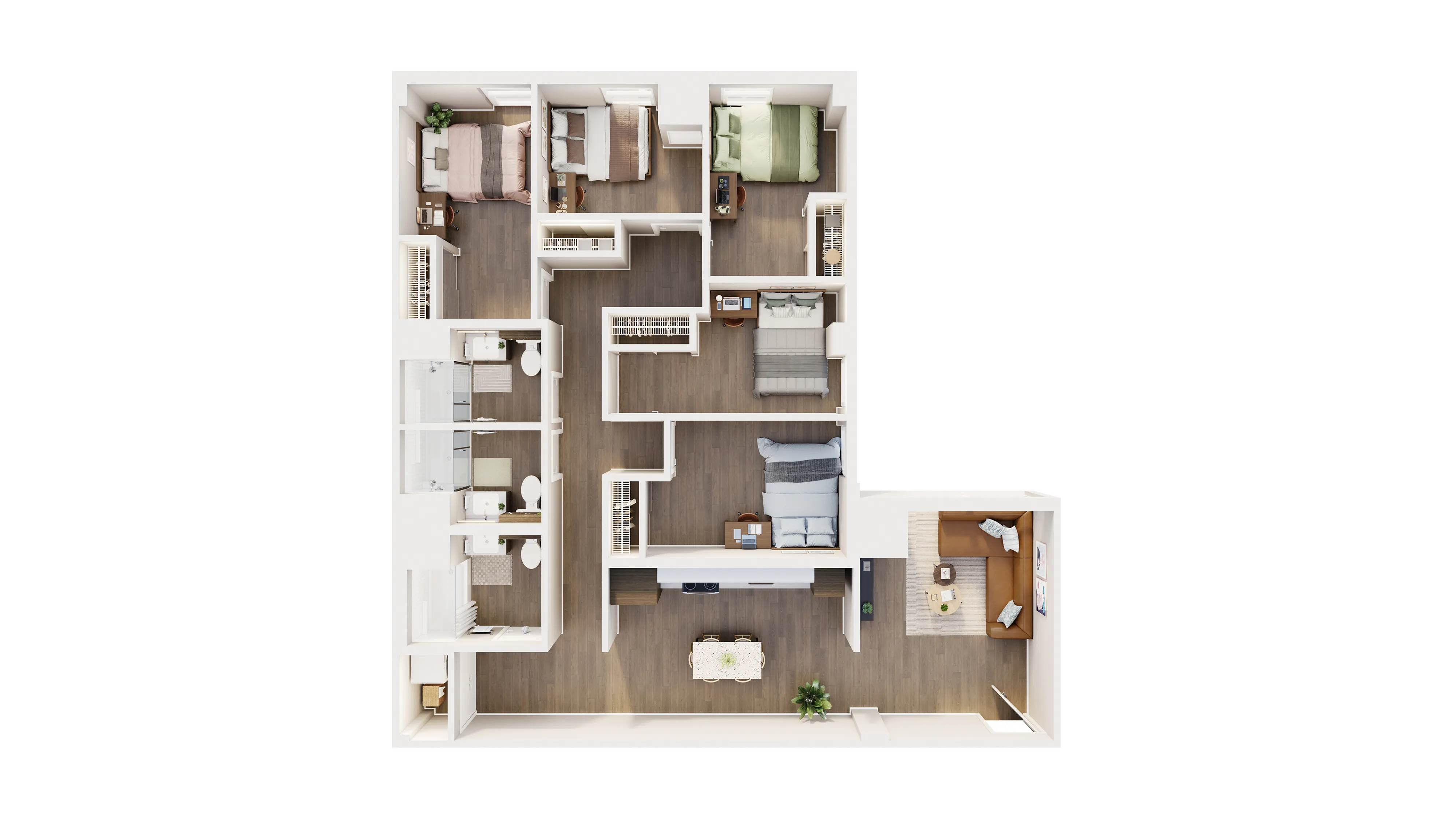 Elegant 3-bedroom floor plan with two modern bathrooms, cozy living area, and a contemporary kitchen layout.