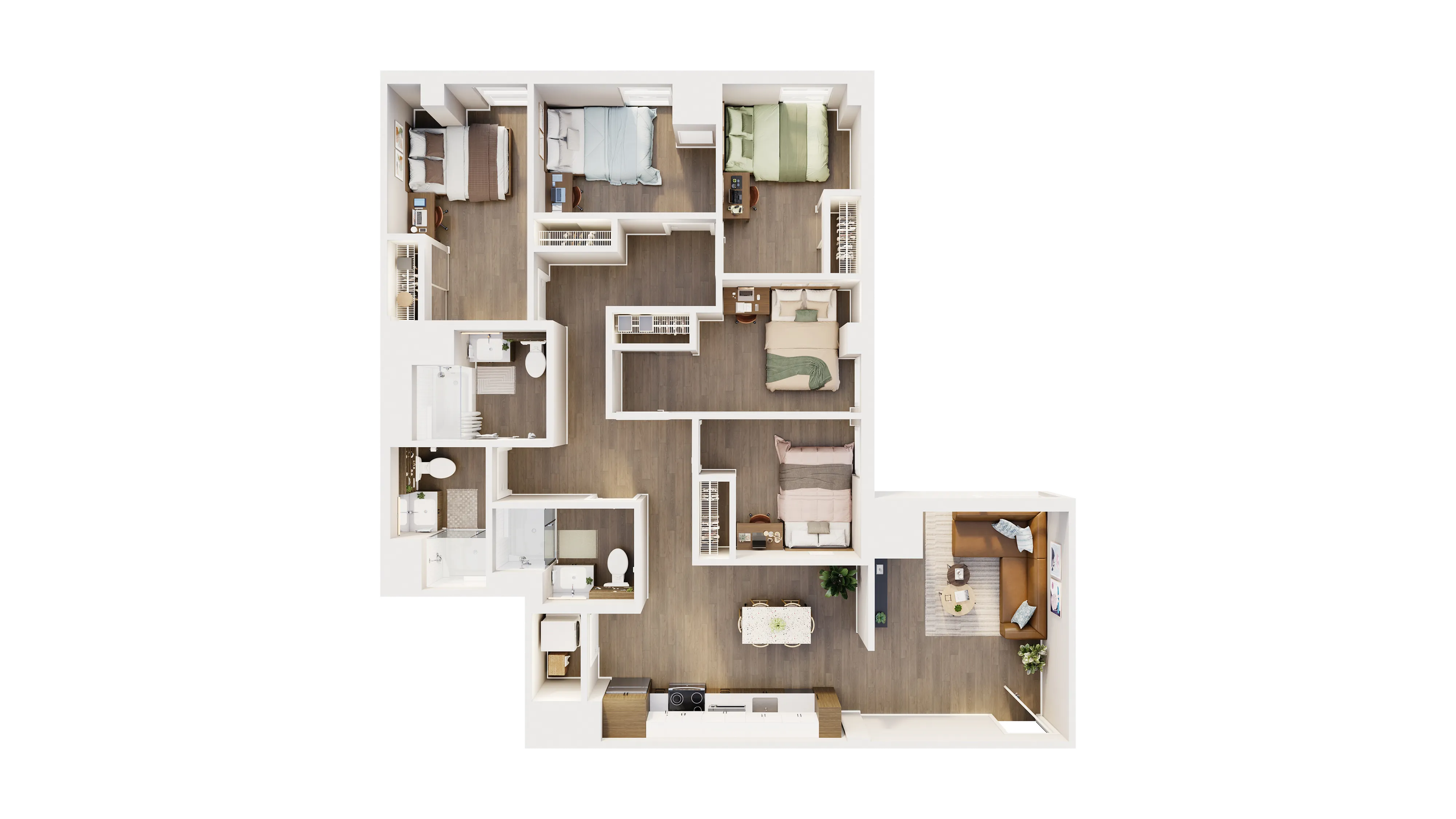 Elegant 3D floor plan showcasing 4 cozy bedrooms, a modern open kitchen, 2 bathrooms, and a welcoming living area with dining space, perfect for family living.