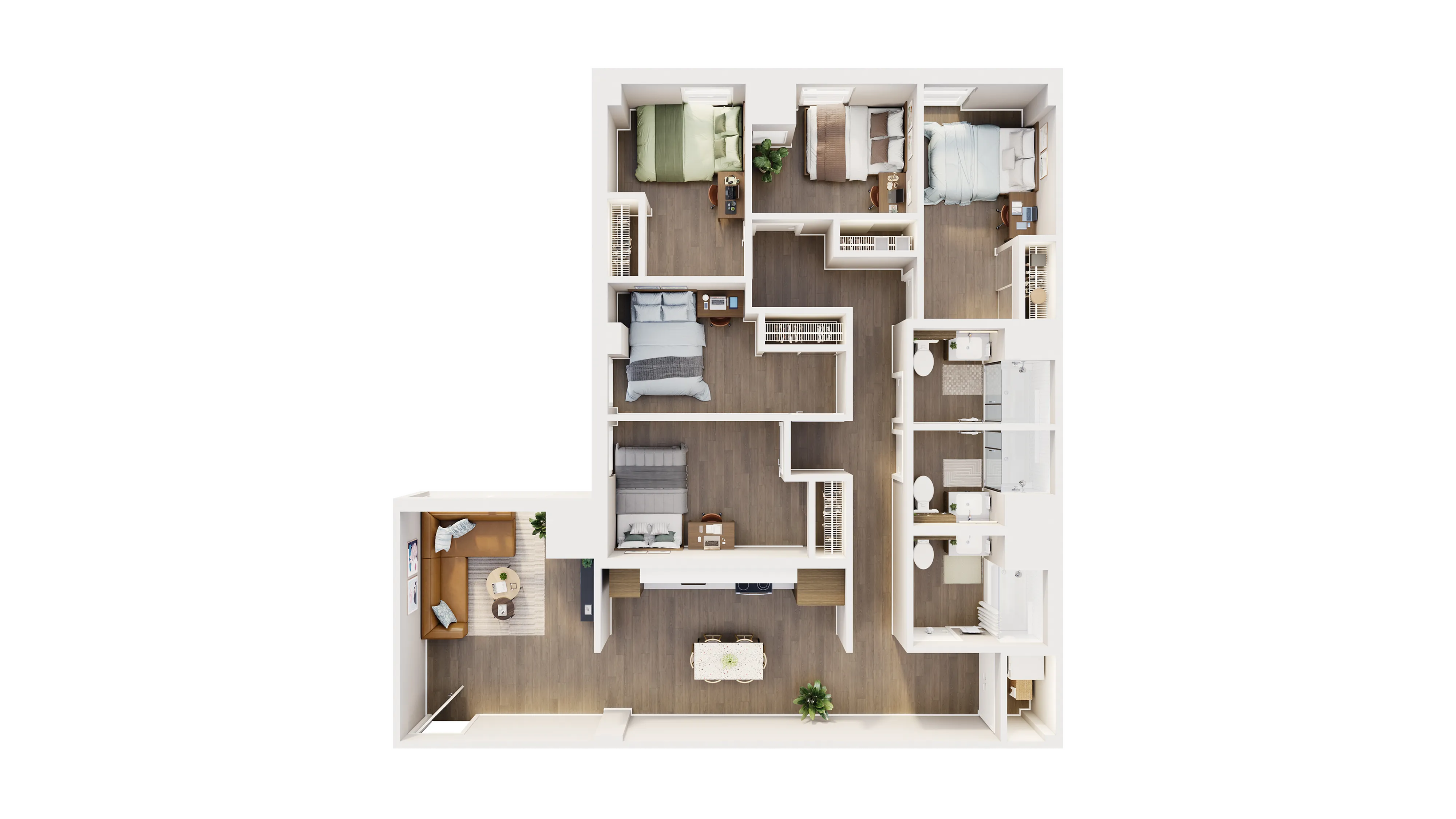 Elegant 3-bedroom apartment floor plan with a spacious living room, modern kitchen, and two bathrooms. Ideal for stylish urban living.