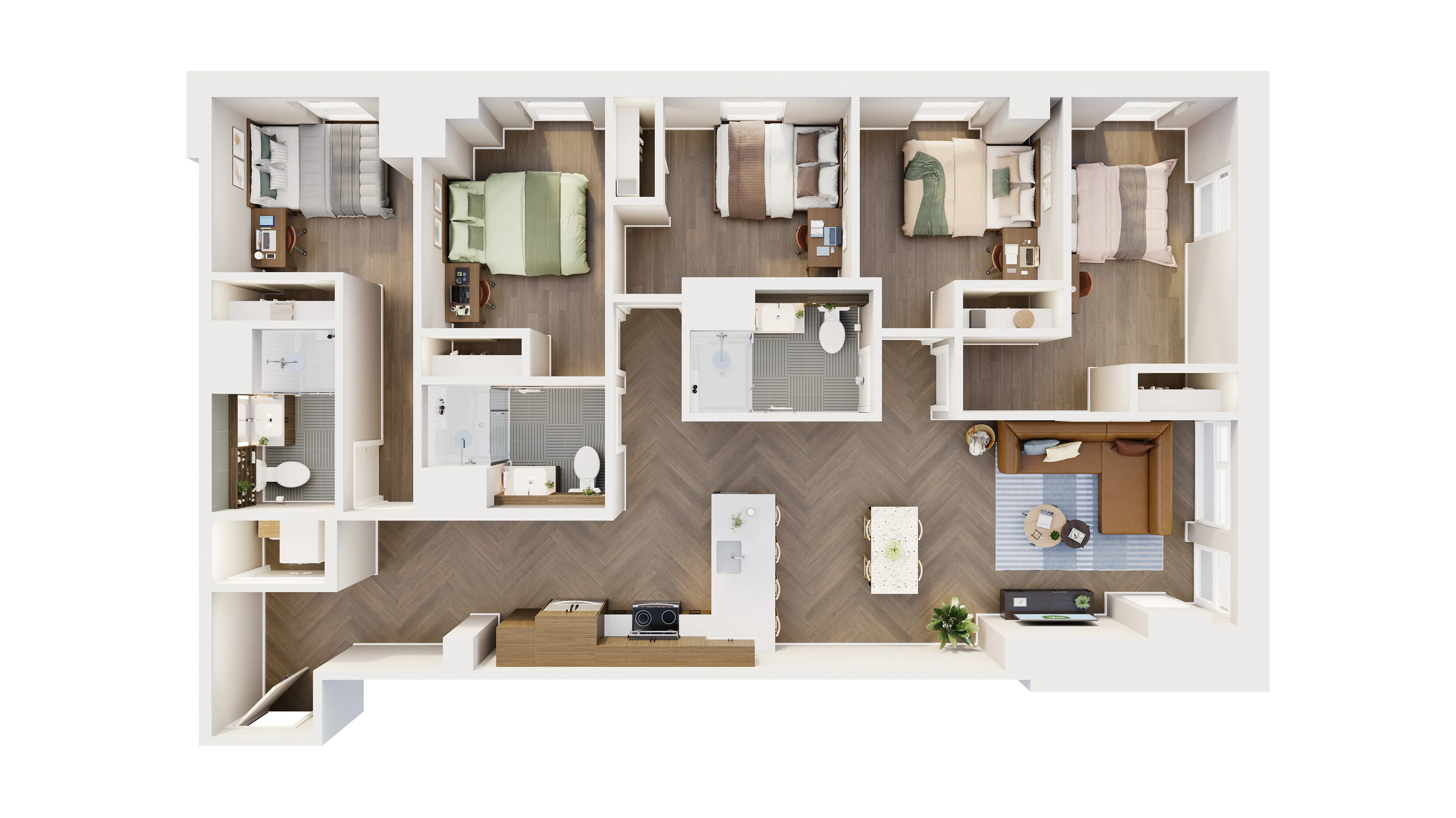 Modern 3-bedroom apartment floor plan with two bathrooms, open-concept living area, and a contemporary kitchen island.