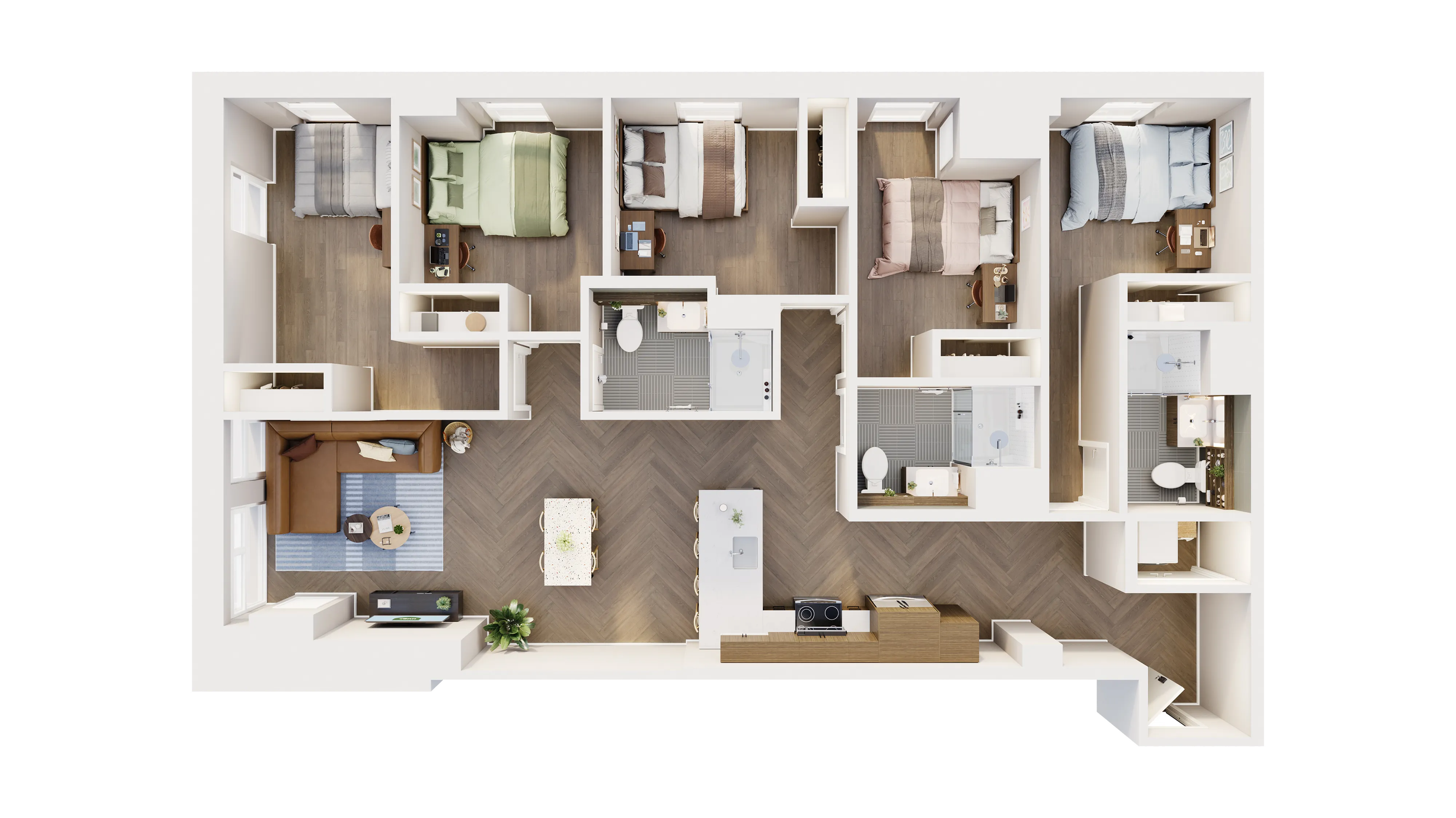 Chic floor plan showcasing 4 bedrooms, an elegant open living space, and a modern kitchen with island seating.
