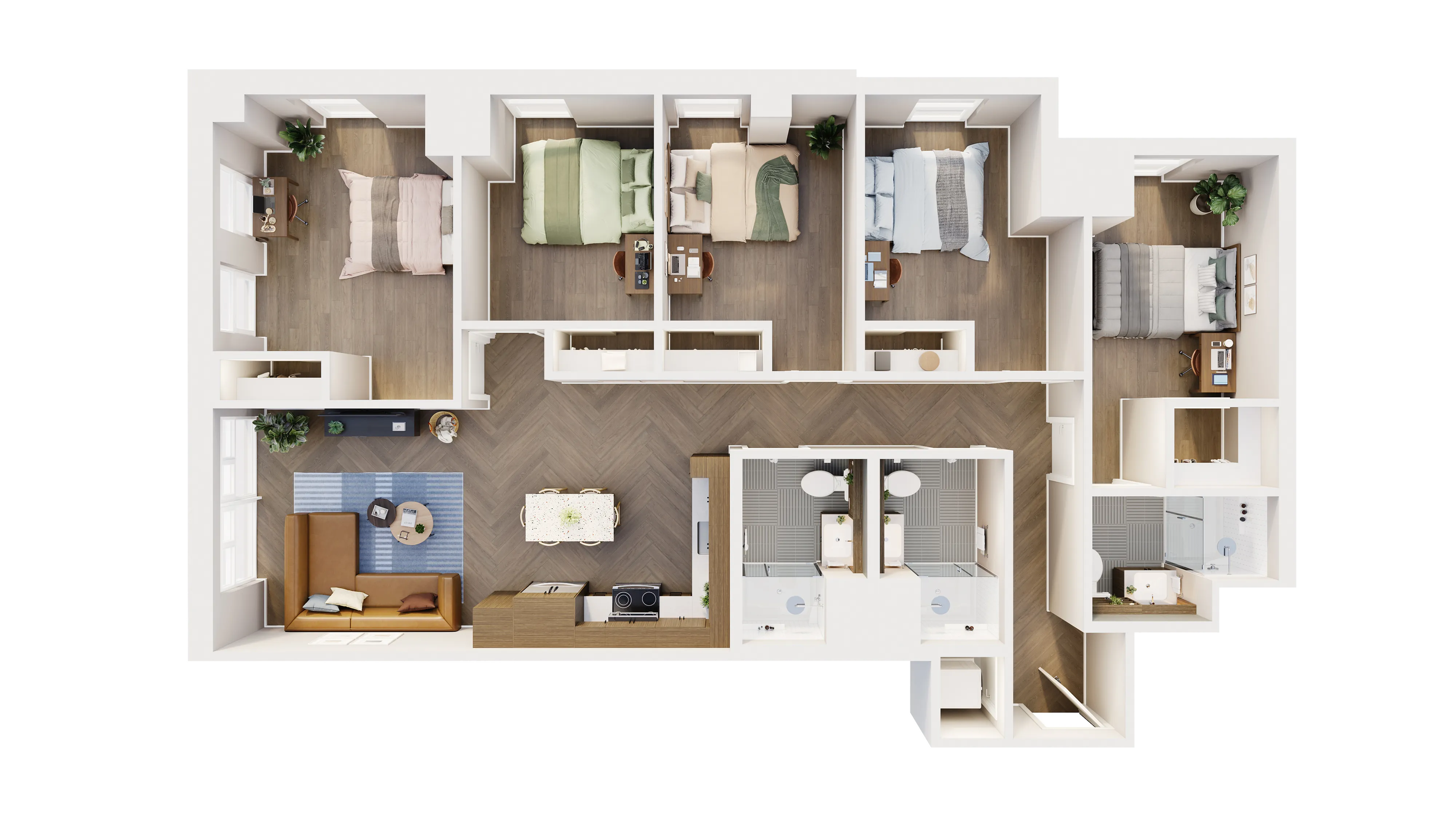 Charming 3D floor plan showcasing four bedrooms, airy open-concept living area, and a modern kitchen. Ideal for spacious living with stylish decor and ample natural light.