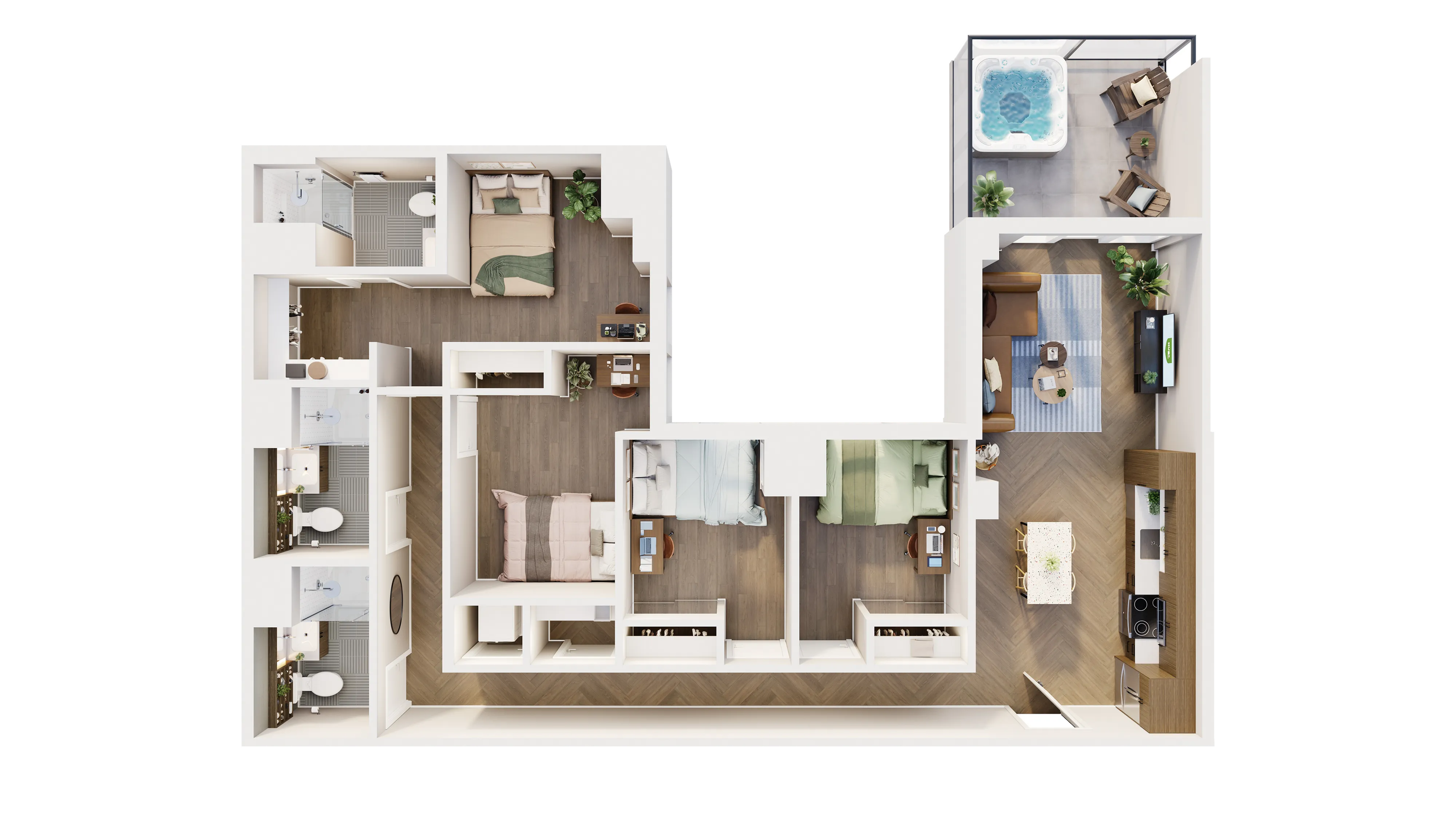 Elegant 3-bedroom floor plan featuring a spacious open living area, modern kitchen, luxurious bathrooms, and a private balcony with a hot tub.