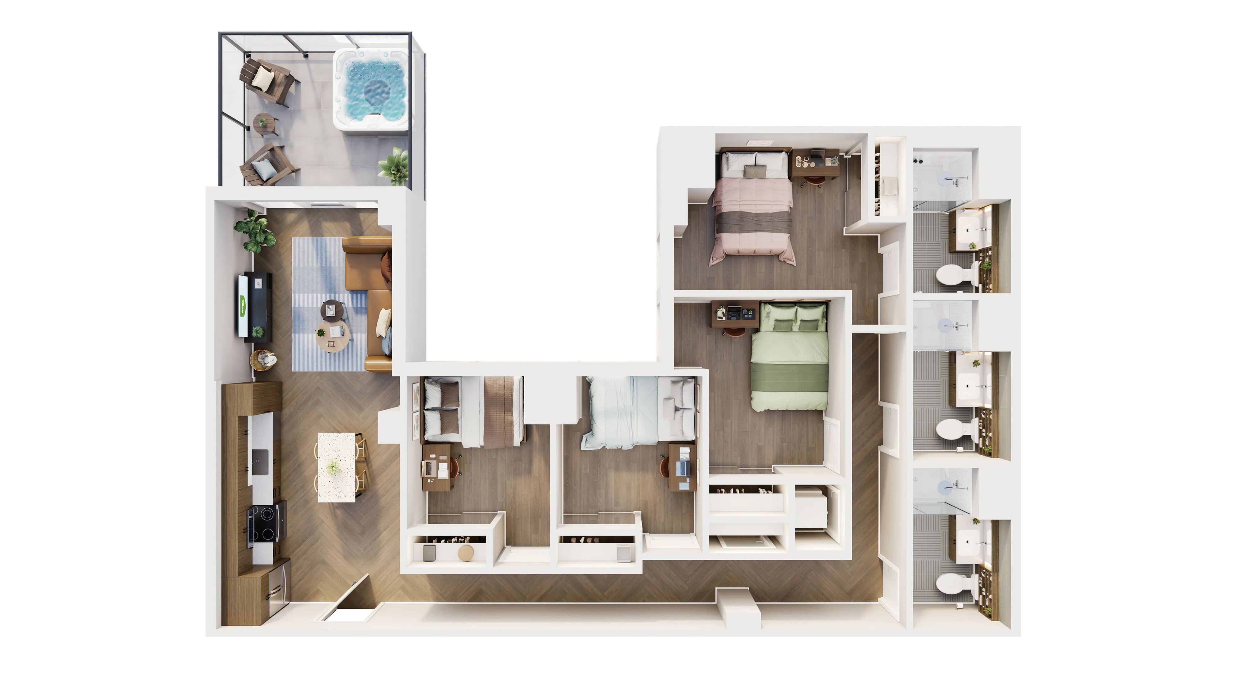 Elegant floor plan showcasing three bedrooms, two modern bathrooms, spacious living area, and a stylish kitchen with an island. Features a private balcony with a hot tub and seating area.