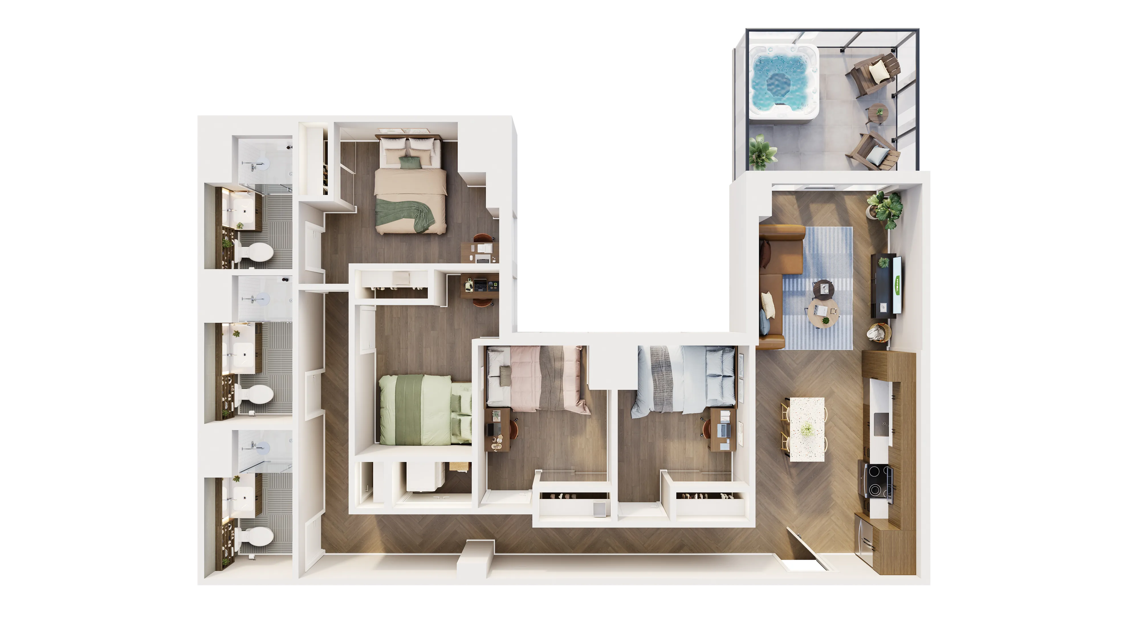 Elegant L-shaped floor plan featuring three spacious bedrooms, a modern open-concept kitchen, and a stylish living area. Includes a luxurious balcony with a private hot tub.