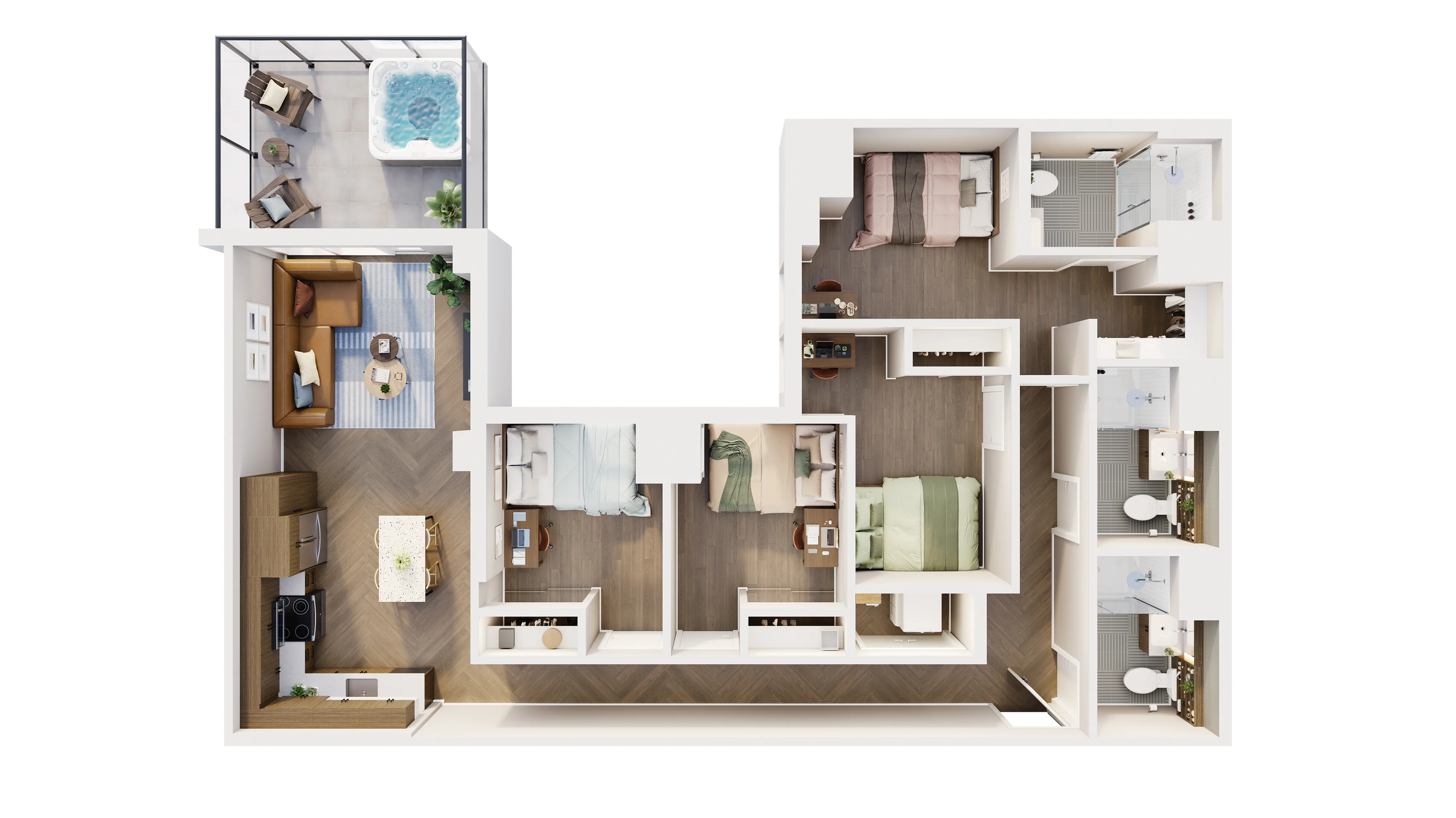 Contemporary 3D floor plan featuring 3 bedrooms, a cozy living room, modern kitchen, and luxurious balcony with a hot tub.