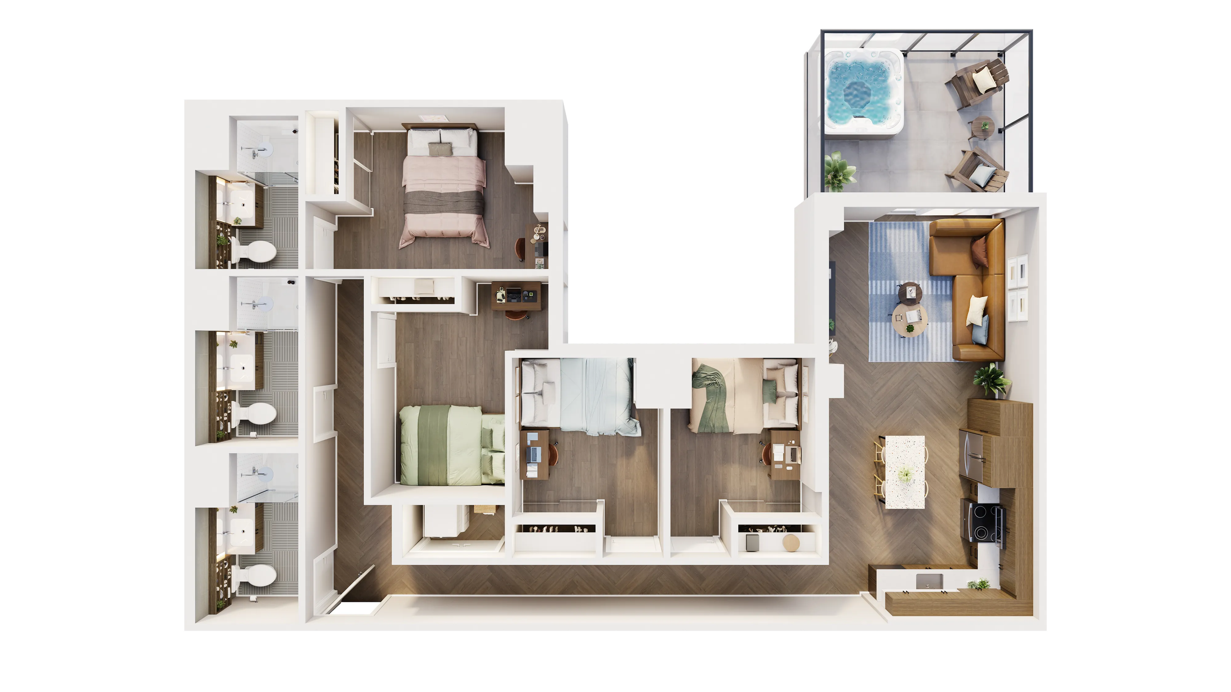 Modern 3D floor plan featuring three bedrooms, two stylish bathrooms, an open-concept kitchen and living area, plus a chic balcony with a hot tub.