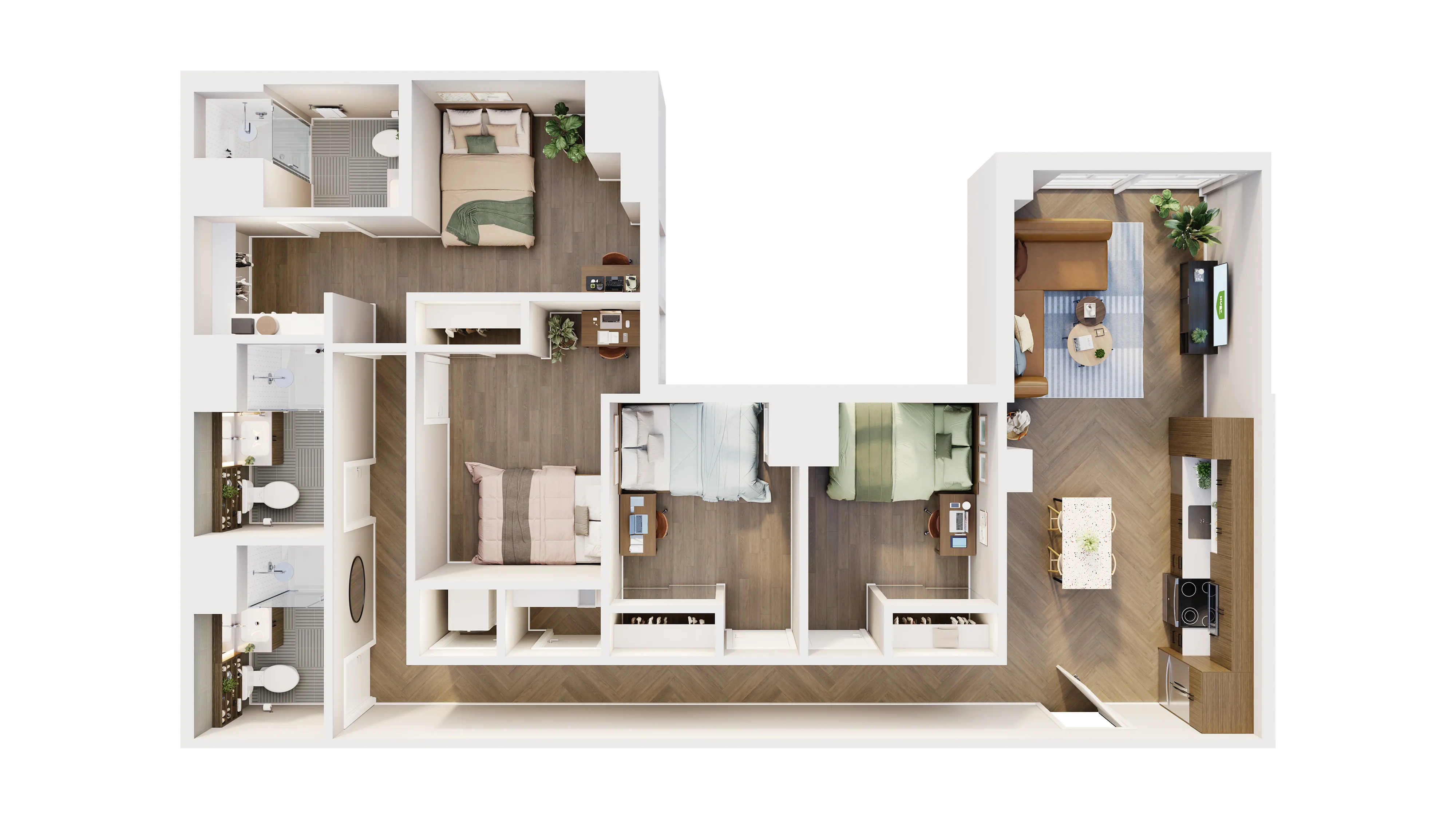 Elegant L-shaped floor plan showcasing 3 bedrooms, a cozy living room, modern kitchen, and two chic bathrooms with stylish wooden flooring.