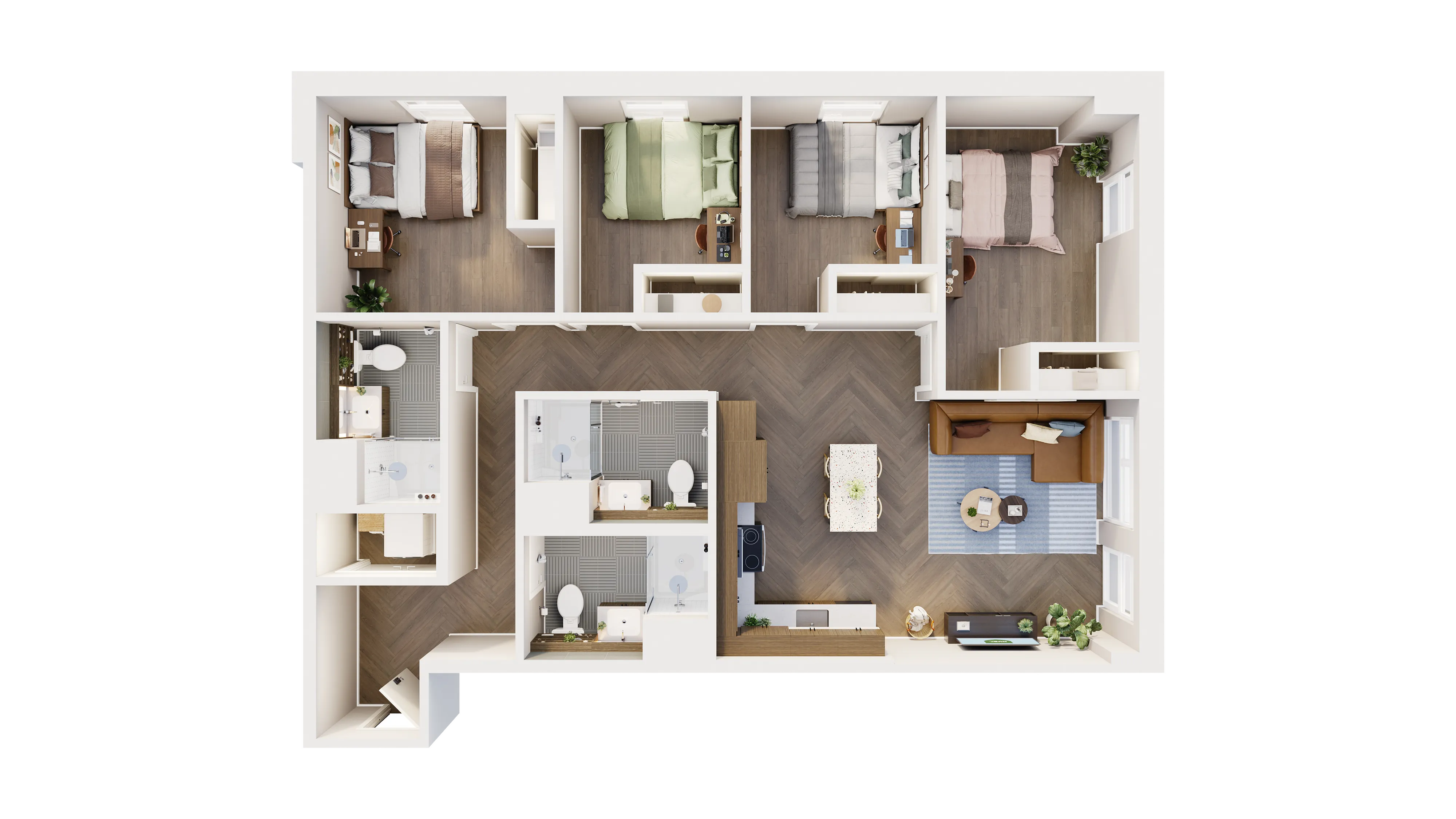 Modern 3D floor plan showcasing four bedrooms with cozy decor, two sleek bathrooms, an open-concept living area, and a stylish kitchen with island dining.