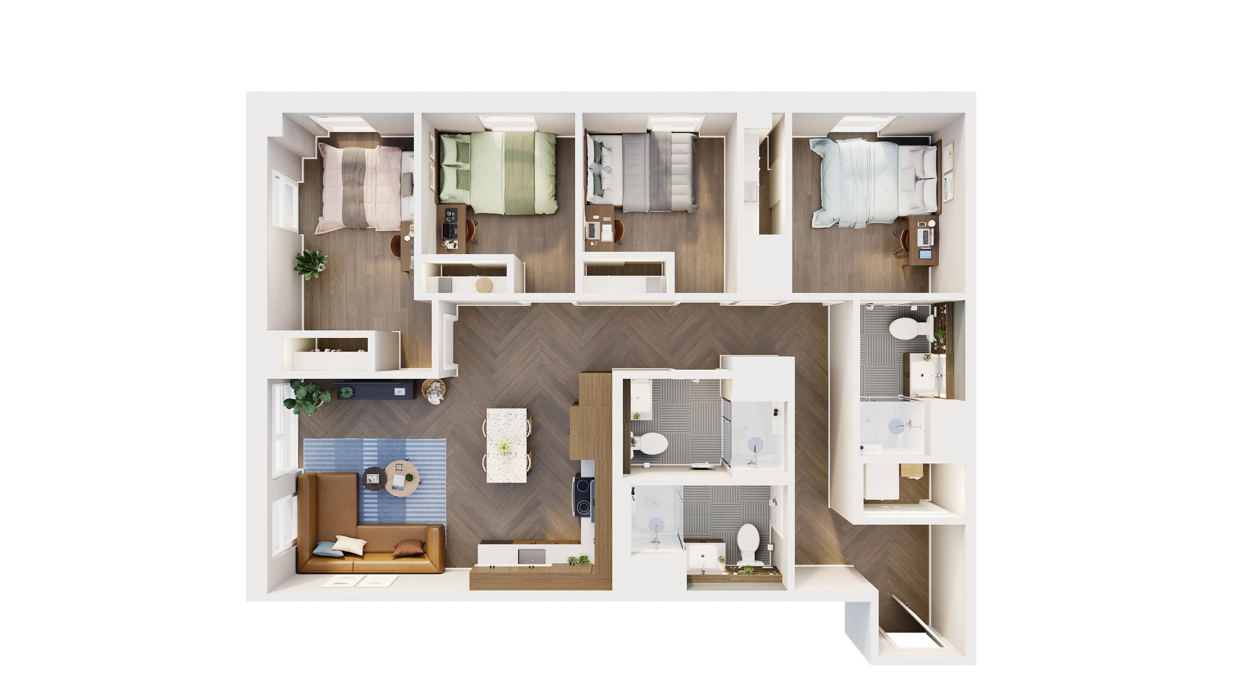 Contemporary apartment floor plan with 4 cozy bedrooms, open-concept living area, and sleek kitchen, featuring two modern bathrooms.