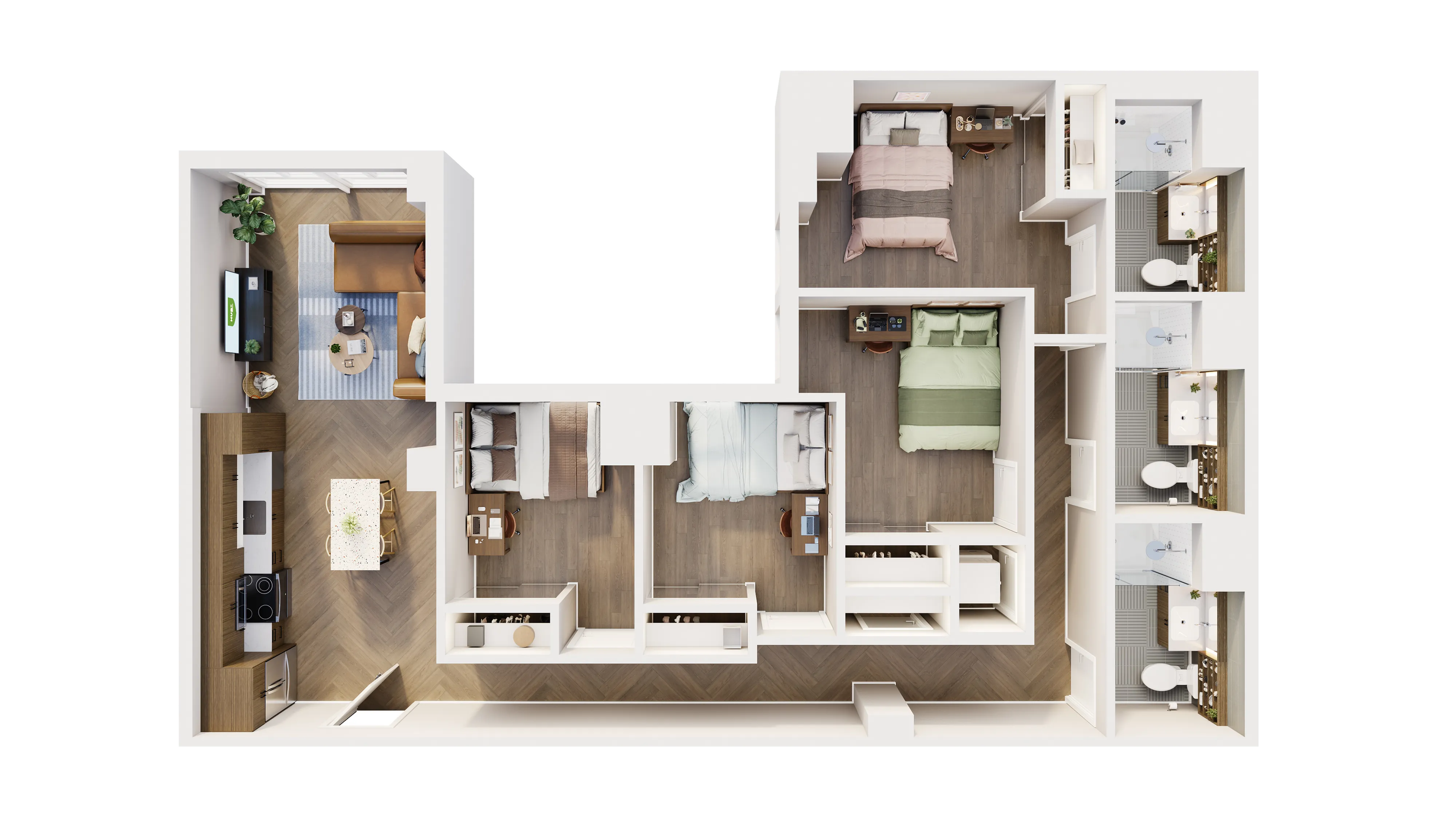 Modern L-shaped floor plan showcasing three spacious bedrooms, open living area, stylish kitchen, and three sleek bathrooms.