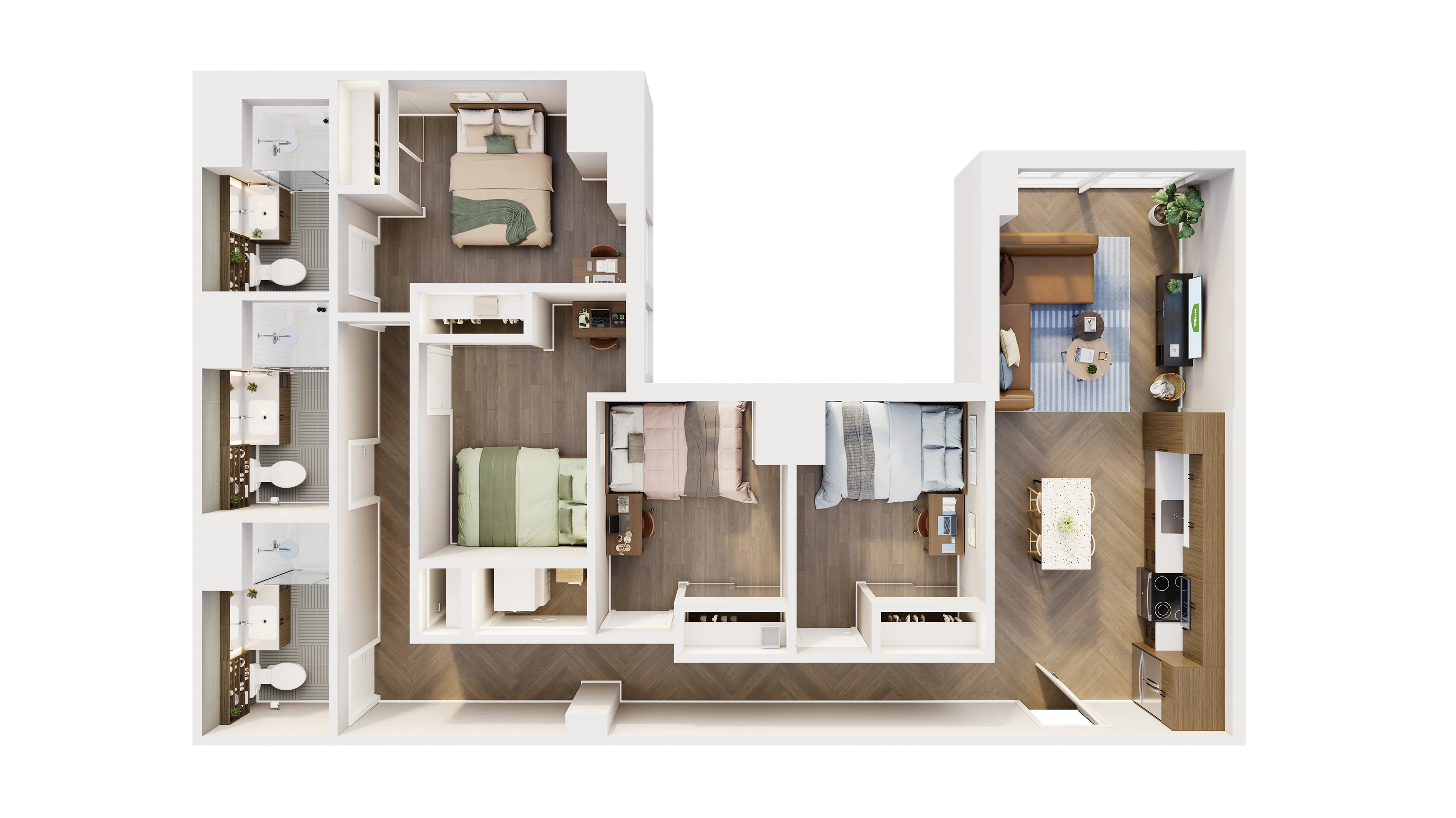 Modern 3D floor plan showcasing three spacious bedrooms, three luxurious bathrooms, a cozy open-concept living room, and a stylish kitchen with an island.