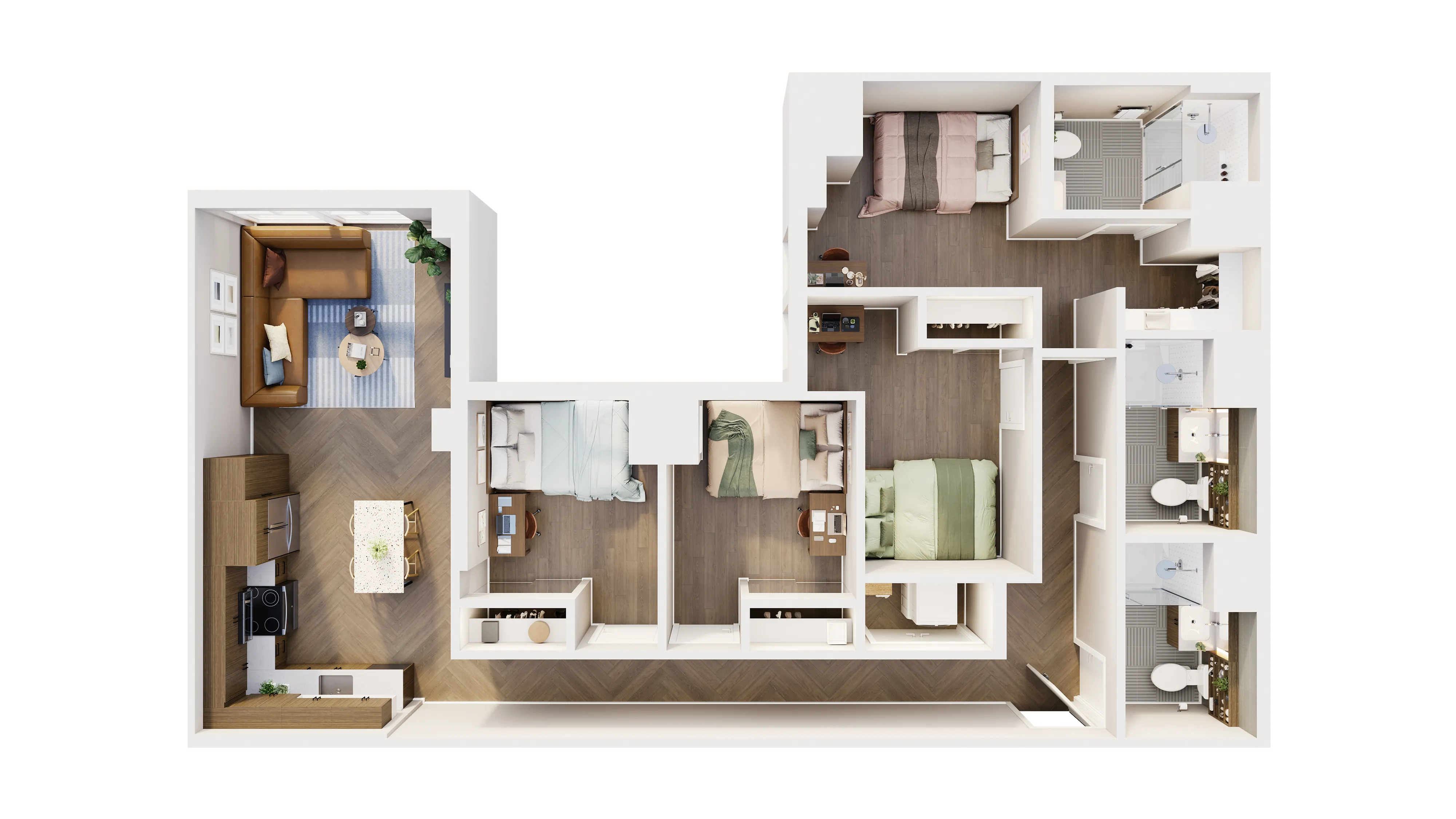 Modern 3D floor plan showcasing 3 bedrooms, open living space with plush seating, a sleek kitchen, and 2 chic bathrooms.