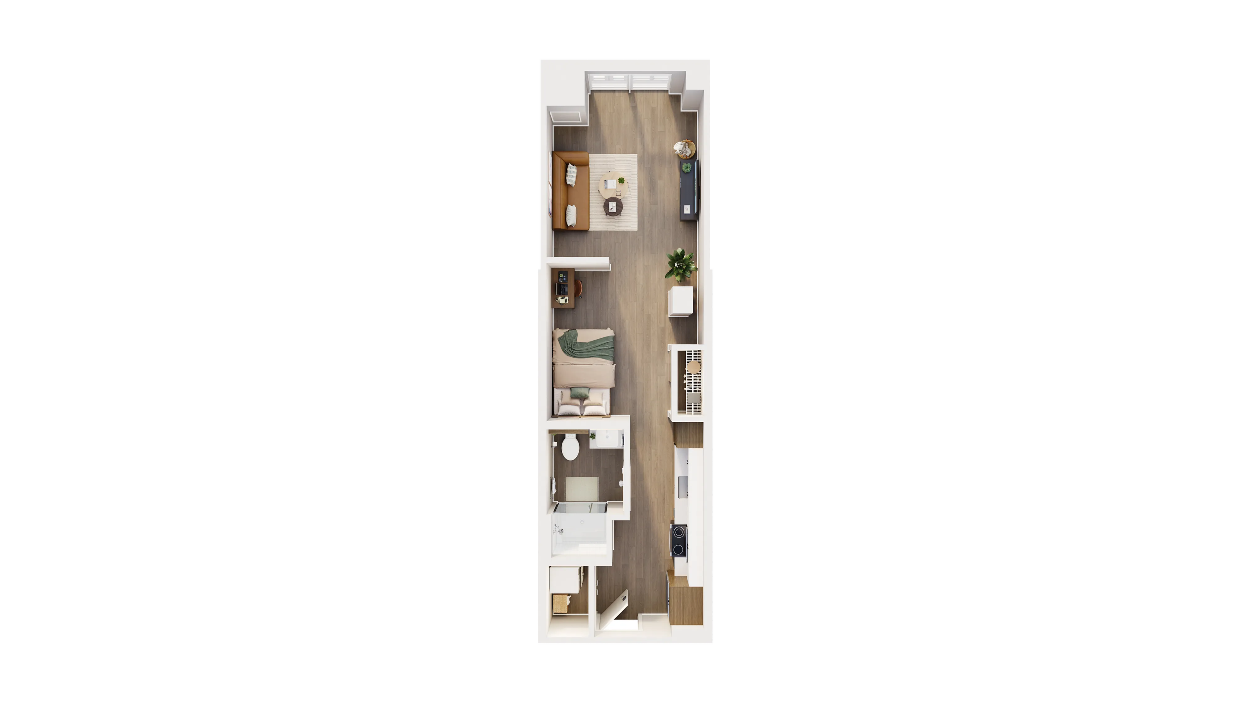 Modern open-concept floor plan showcasing a spacious living room, cozy bedroom, and sleek kitchen with contemporary design.