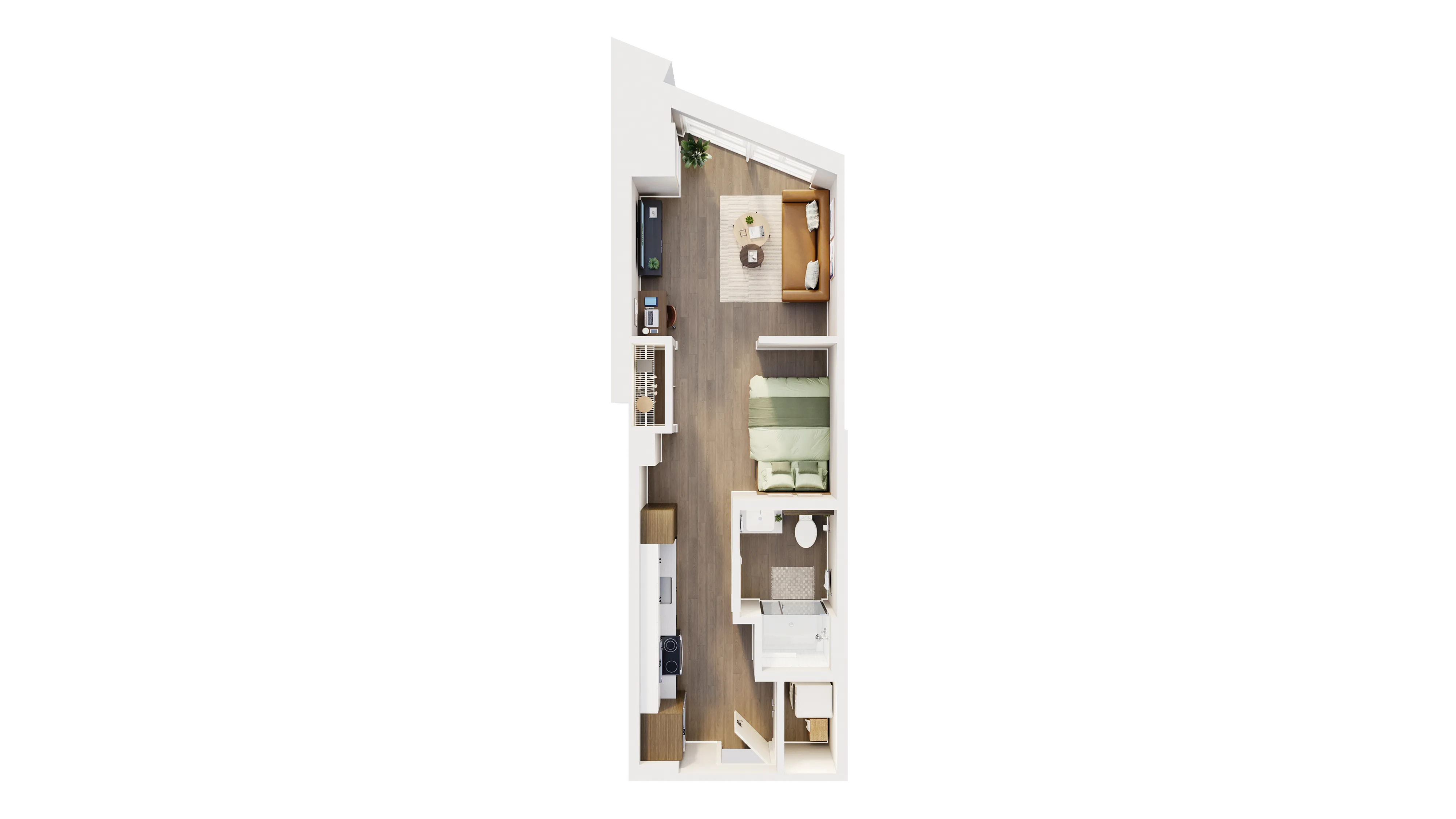 Sleek open-concept floor plan showcasing modern studio with a cozy living area, stylish kitchen, and convenient bathroom layout.